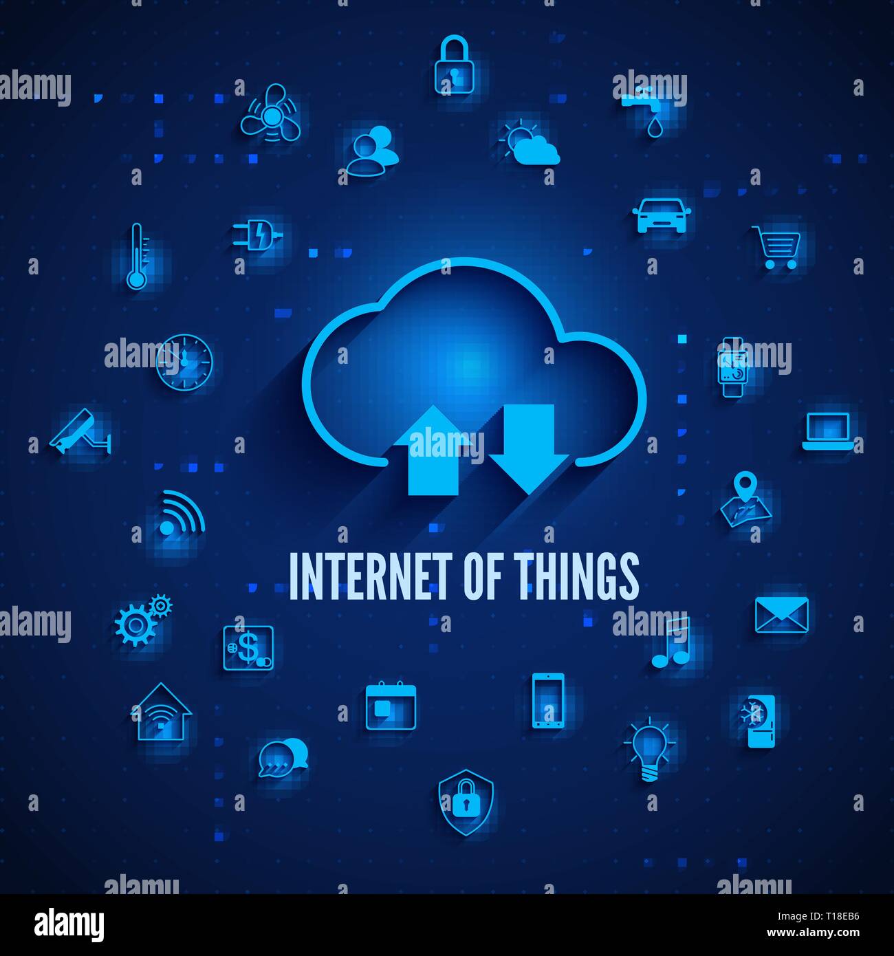 Internet delle cose. IOT concetto. Il cloud e le altre icone IOT concetto. Rete globale Internet tecnologia di controllo e di sorveglianza. Automazione di sistemi devi Illustrazione Vettoriale