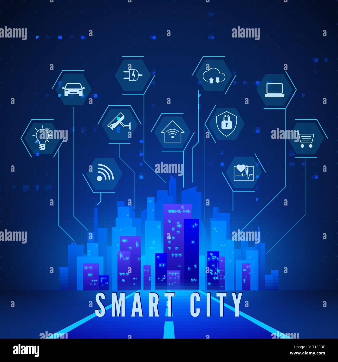 Smart City Il paesaggio e il monitoraggio del sistema e le icone di controllo Set. Smart moderno concetto di città in colori blu. Sfondo tecnologico. Illustrazione Vettoriale Illustrazione Vettoriale