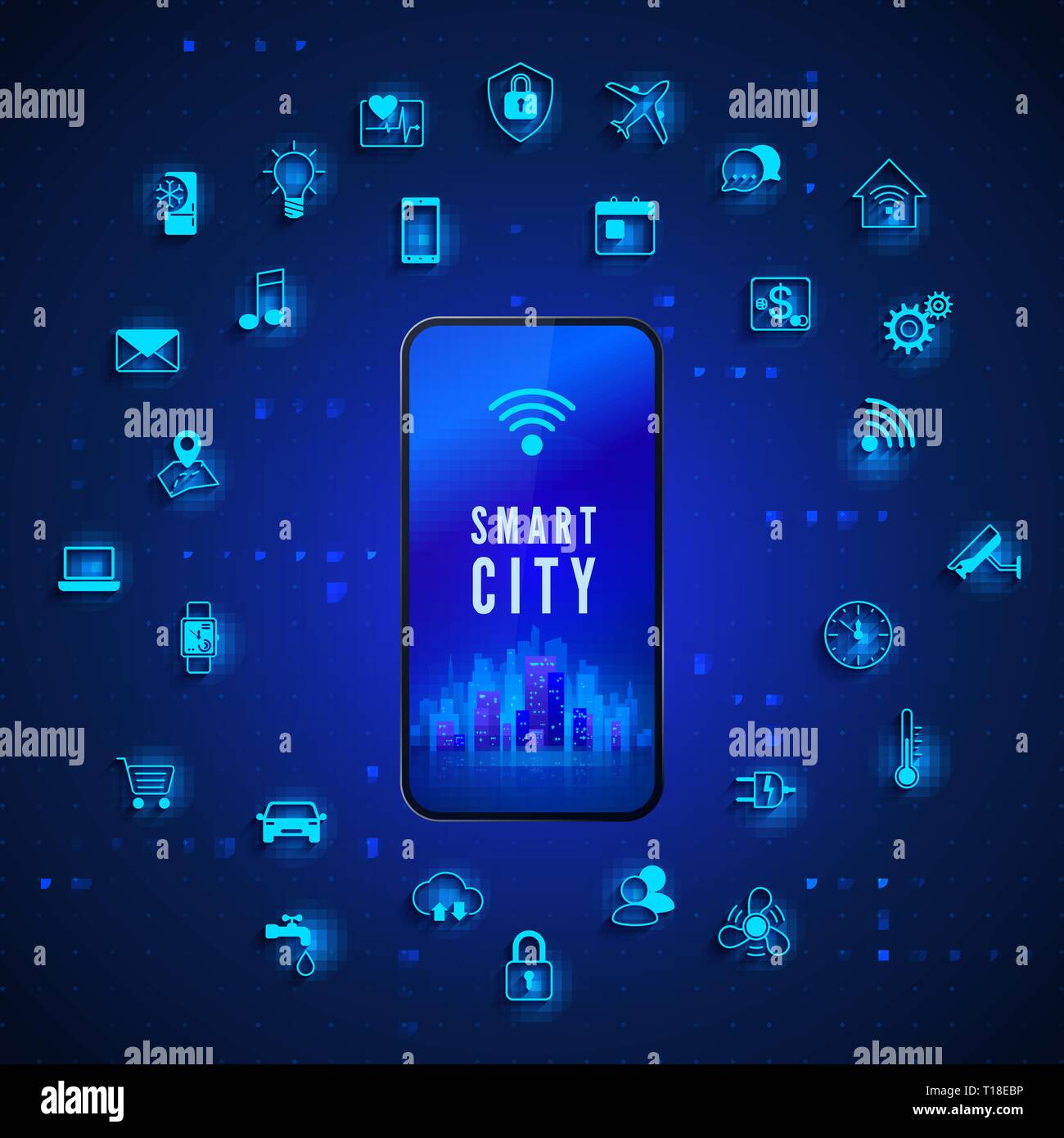 Smart moderno concetto di città. Smart City Mobile sulla schermata Telefono e icona Set. Sfondo tecnologico. Illustrazione Vettoriale Illustrazione Vettoriale