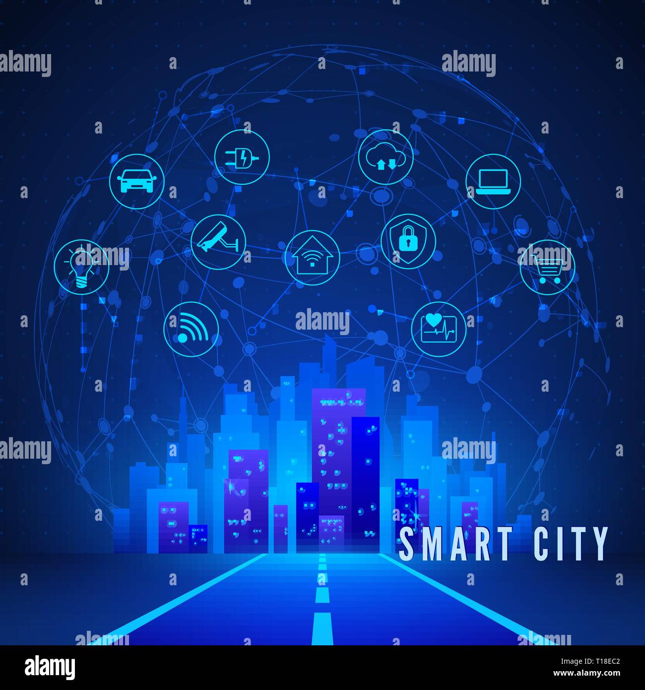 Smart moderno concetto di città in colori blu. Smart City Paesaggio e sistema di controllo e monitoraggio Icon Set. Sfondo tecnologico. Illustrazione Vettoriale Illustrazione Vettoriale