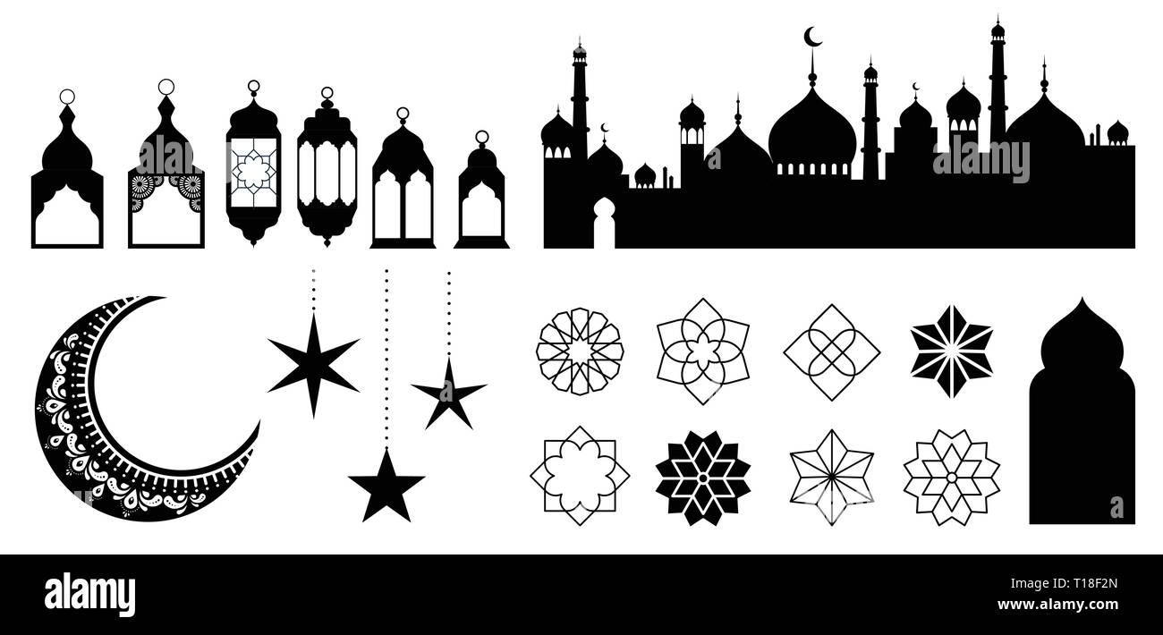 Ornamenti islamici, i simboli e le icone. Illustrazione Vettoriale con la luna, lanterne, modelli e la silhouette della città Illustrazione Vettoriale