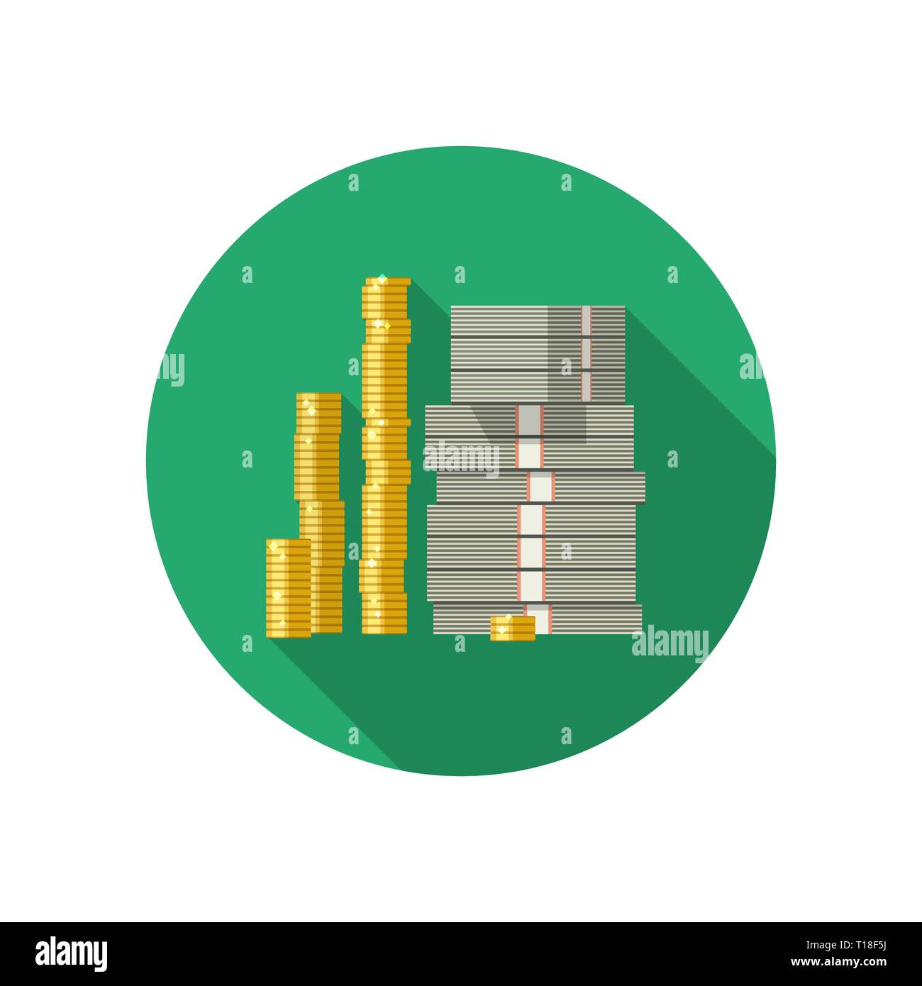 Icona di dollari e monete Illustrazione Vettoriale