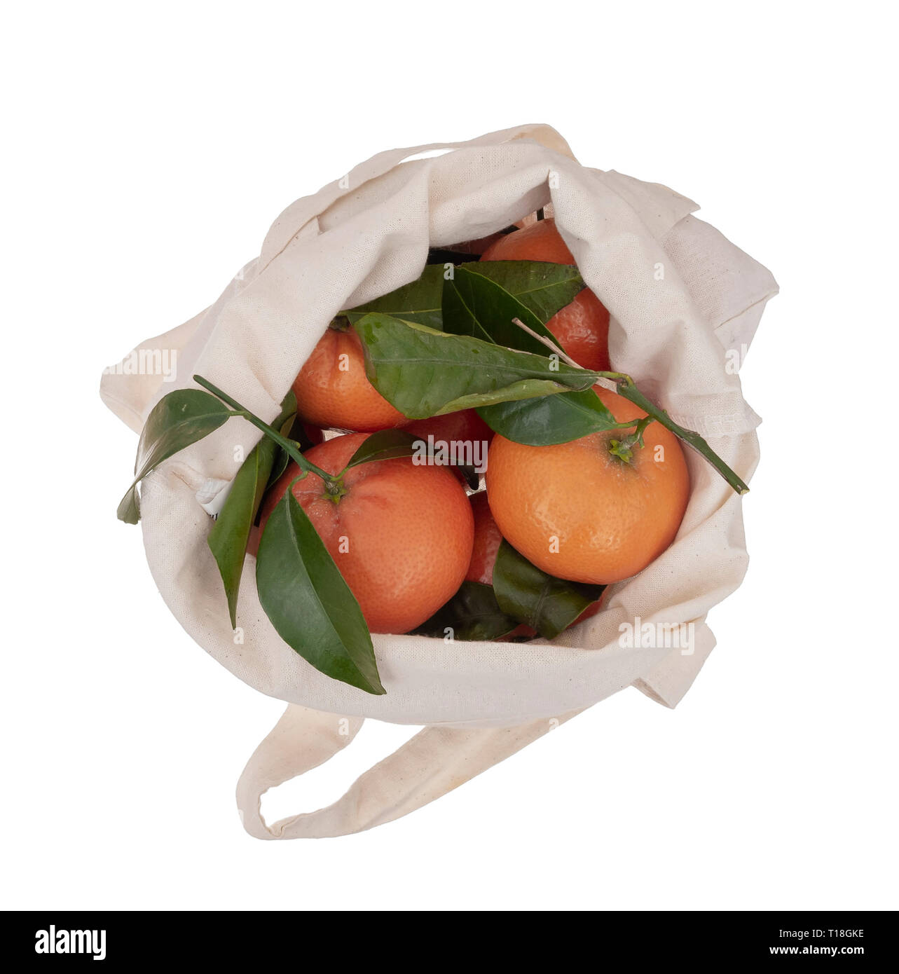 Fresche arance raccolte in riutilizzabili, riciclabili tessuto shopping tote bag, isolato su bianco. Per rispettosi dell'Ambiente, consumatori verde.Vista aerea. Foto Stock