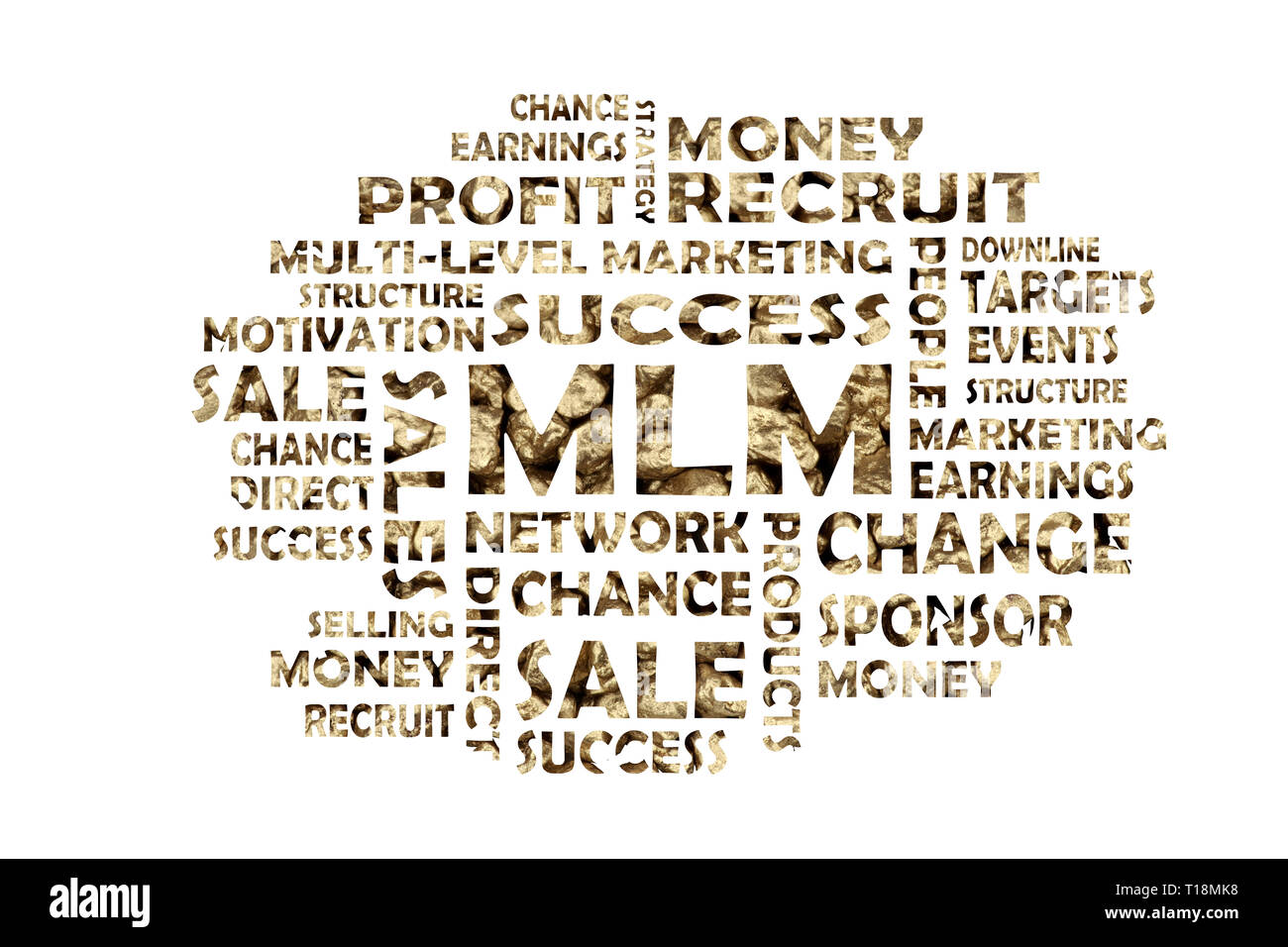 Word cloud con parole chiave dorata al di fuori della zona mlm, network marketing e vendita diretta Foto Stock