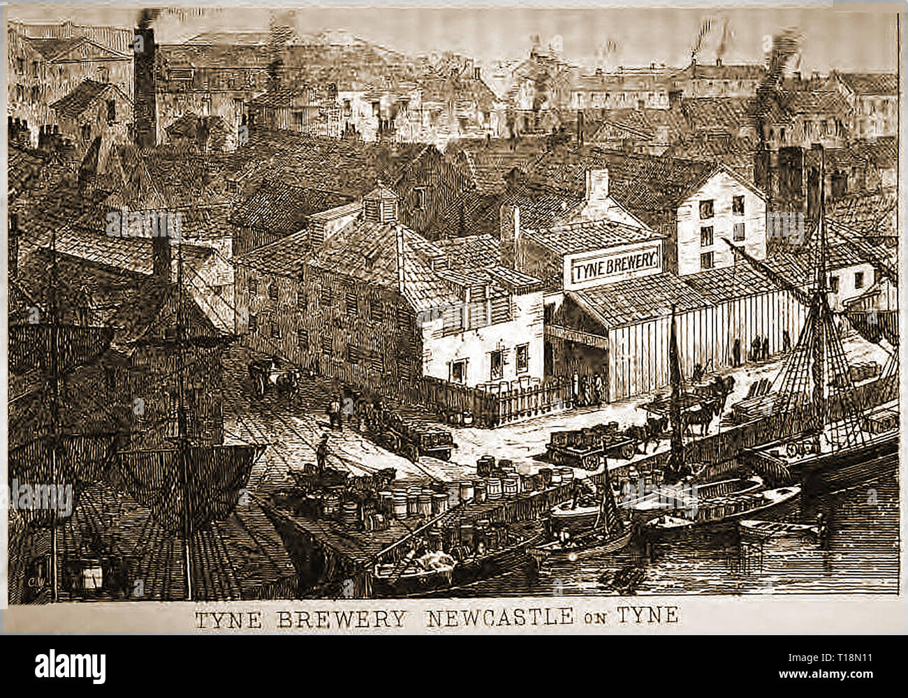 Un'antica stampa che mostra il Tyne Brewery Newcastle sul Tyne (UK) nell'ottocento Foto Stock