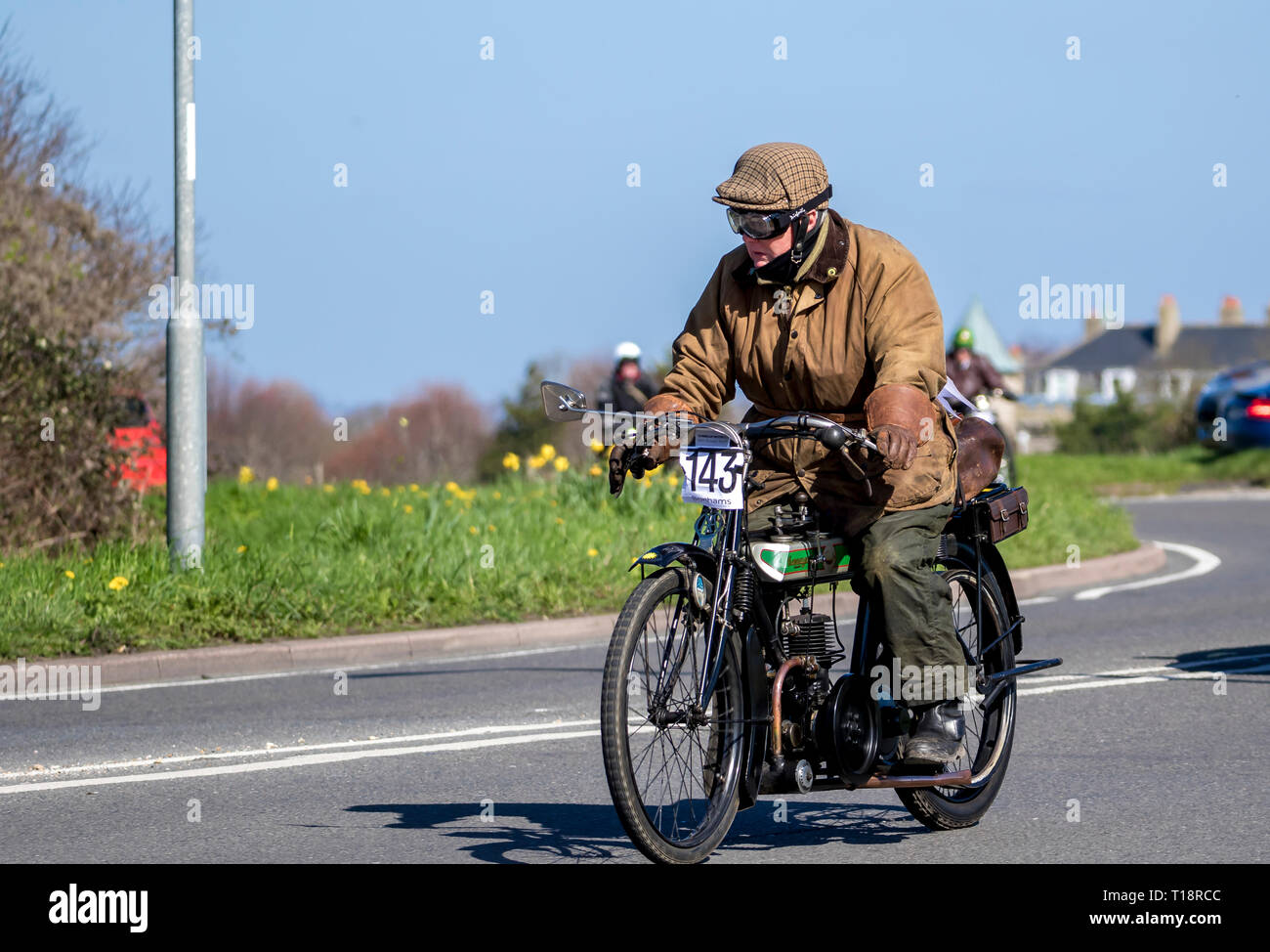 Beeding superiore, East Sussex, Regno Unito. Il 24 marzo 2019. Sunbeam Motor Cycle Club festeggia il suo ottantesimo Londra a Brighton run. Tutte le macchine che partecipano Foto Stock