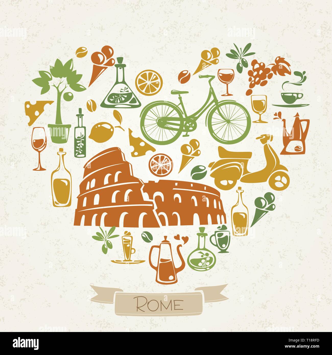 Vettore I Love Roma design con i simboli della cultura italiana. Illustrazione Vettoriale