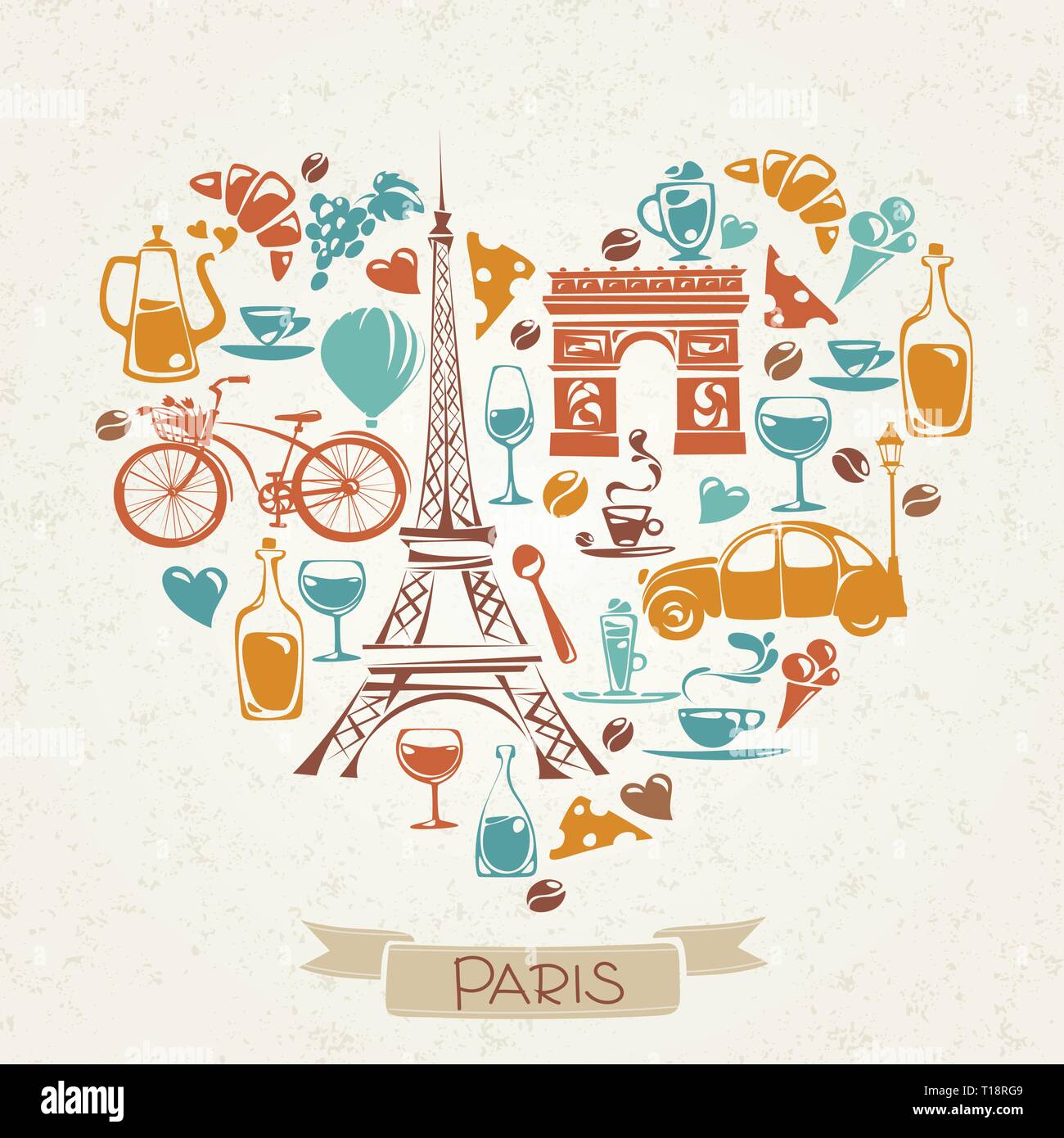 Vettore I Love Paris design con i simboli della cultura francese. Illustrazione Vettoriale