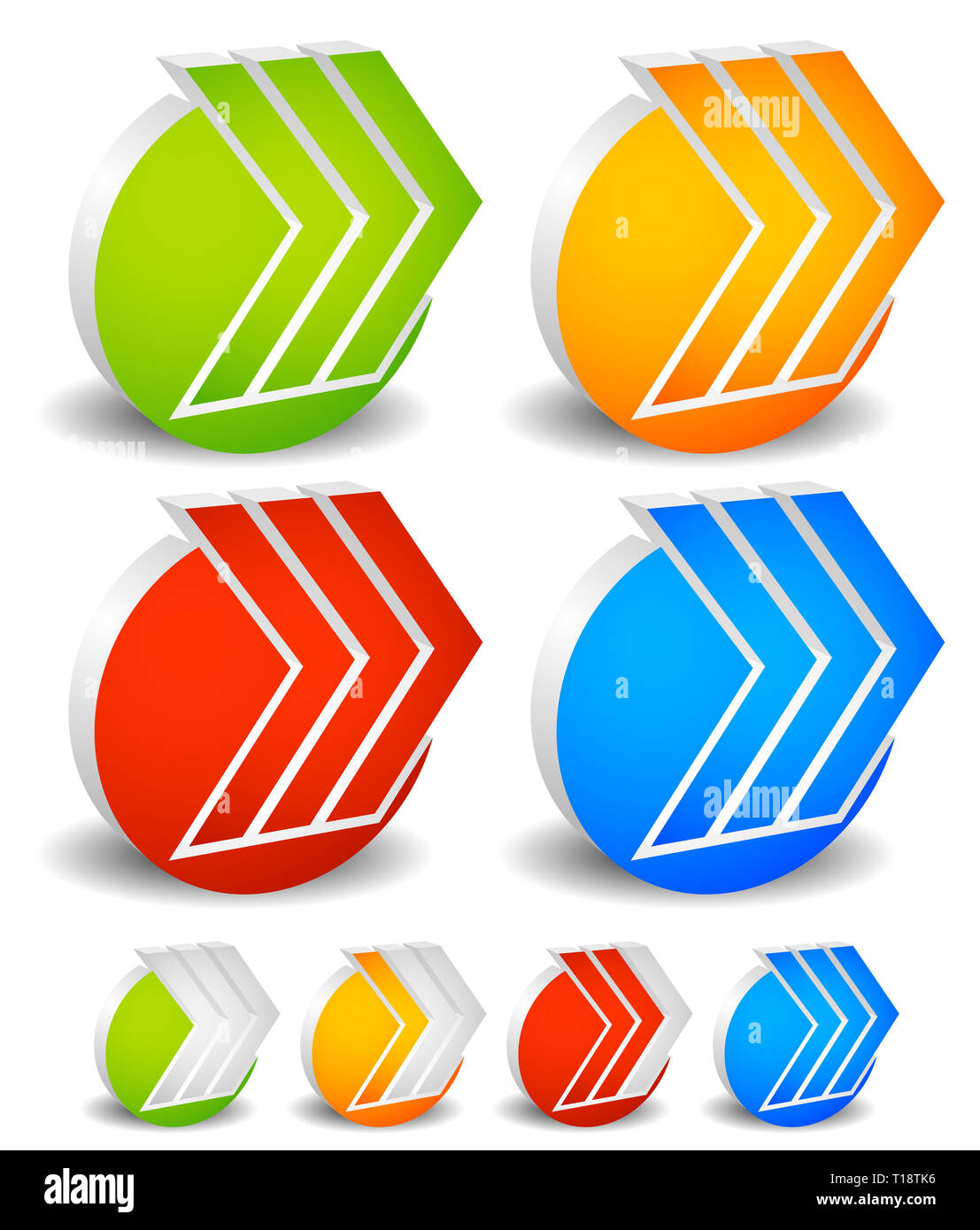 3d frecce con cerchi. 3 Frecce verso destra. Indicatore di avanzamento versione inclusa per la procedura, fasi fasi. Foto Stock