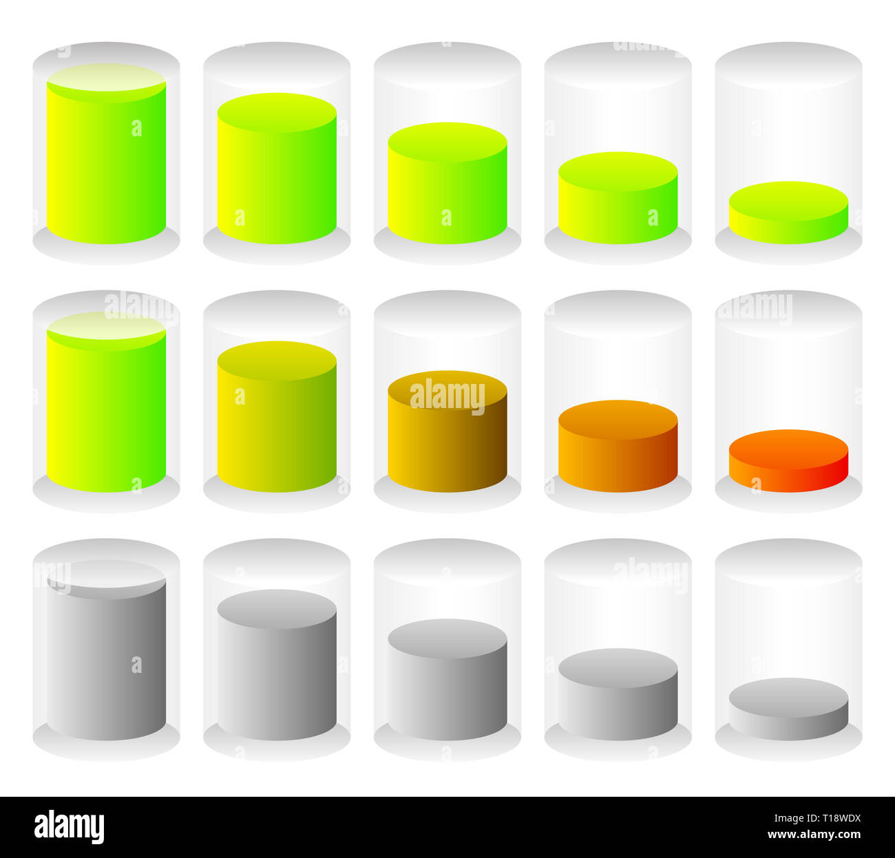 Grafica cilindrico per livelli, pienezza concetti. Gli indicatori di progresso. Foto Stock