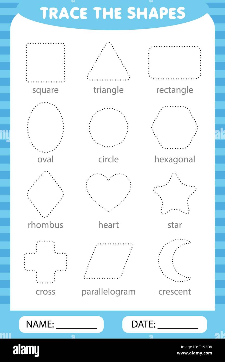 Di apprendimento per i bambini, attività di disegno. tracciare le forme geometriche attorno al contorno. Illustrazione Vettoriale