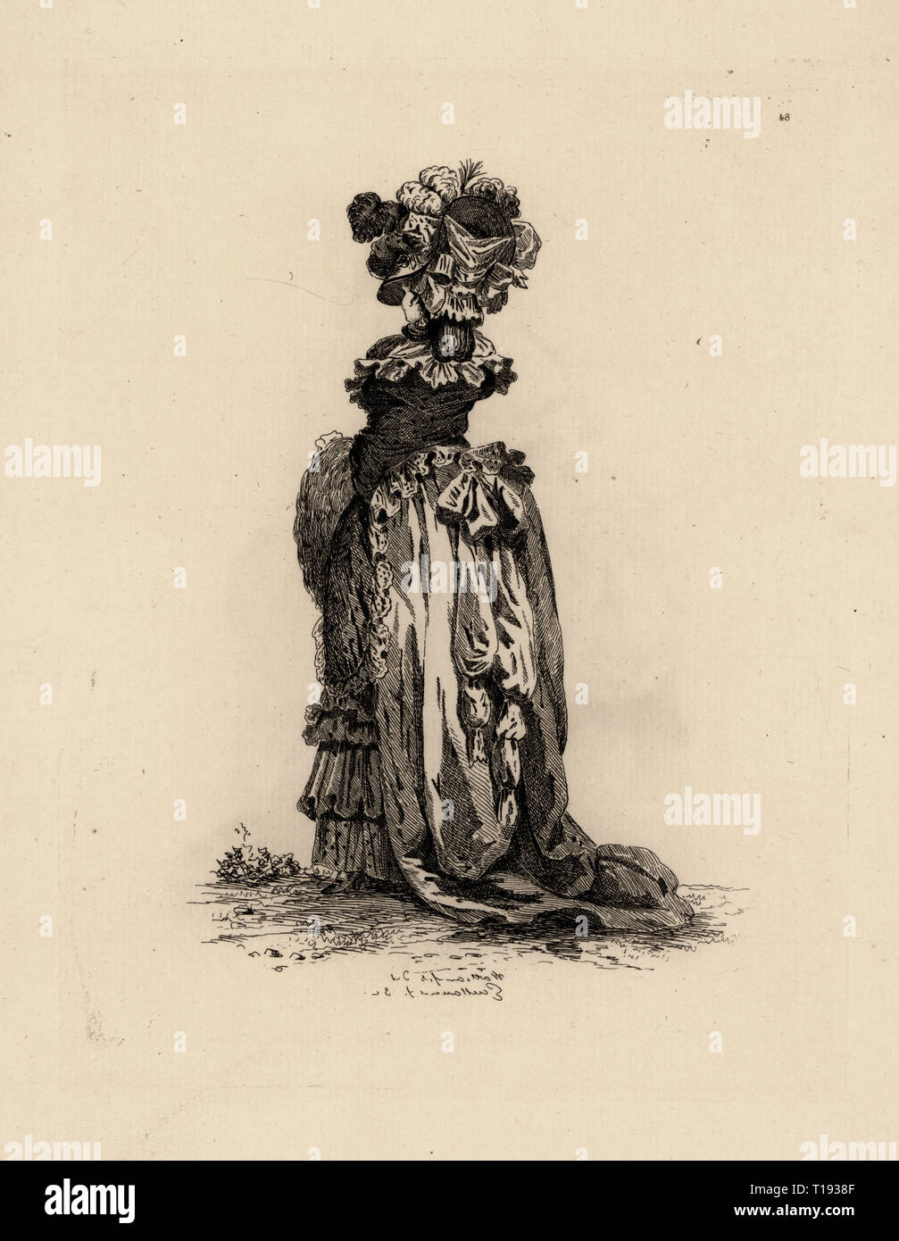 Moda donna in stile inglese con abito Devonshire hat, era di Maria Antonietta. La bionda Melite se promenant sur le midi au Palais Royal. Attacco di calcografia da Auguste Etienne Guillaumot da costumi coiffures et du XVIIIe siecle, costumi e acconciature del XVIII secolo, Cagnon, Parigi, 1875. Disegno originale di Francois Louis Joseph Watteau dalle Gallerie des modi et costumi Francais, 1778-1787. Foto Stock