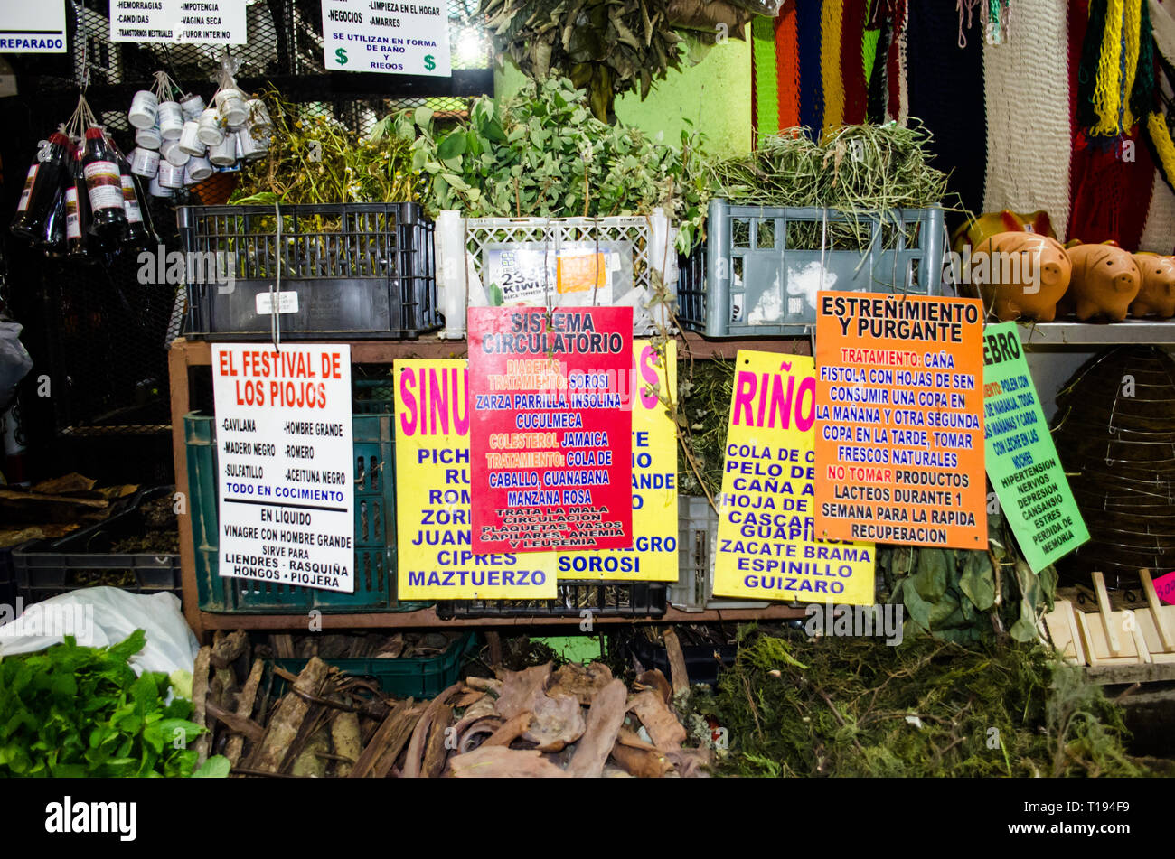 Pressione di stallo di erbe per la vendita in Costa Rica il Mercato Centrale Foto Stock