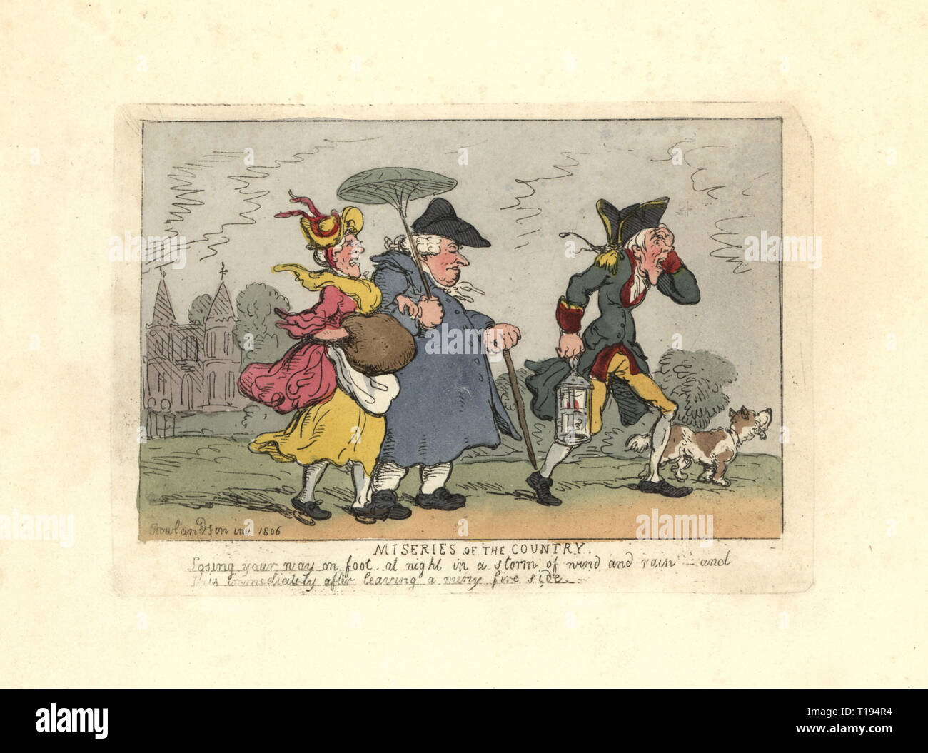 L uomo e la donna perse in campagna in una notte di tempesta con un servo tenendo una lanterna. Miserie del paese. Handcolored incisione su rame progettato e inciso da Thomas Rowlandson per accompagnare il Reverendo James Beresford's miserie della vita umana, Ackermann, 1808. Foto Stock