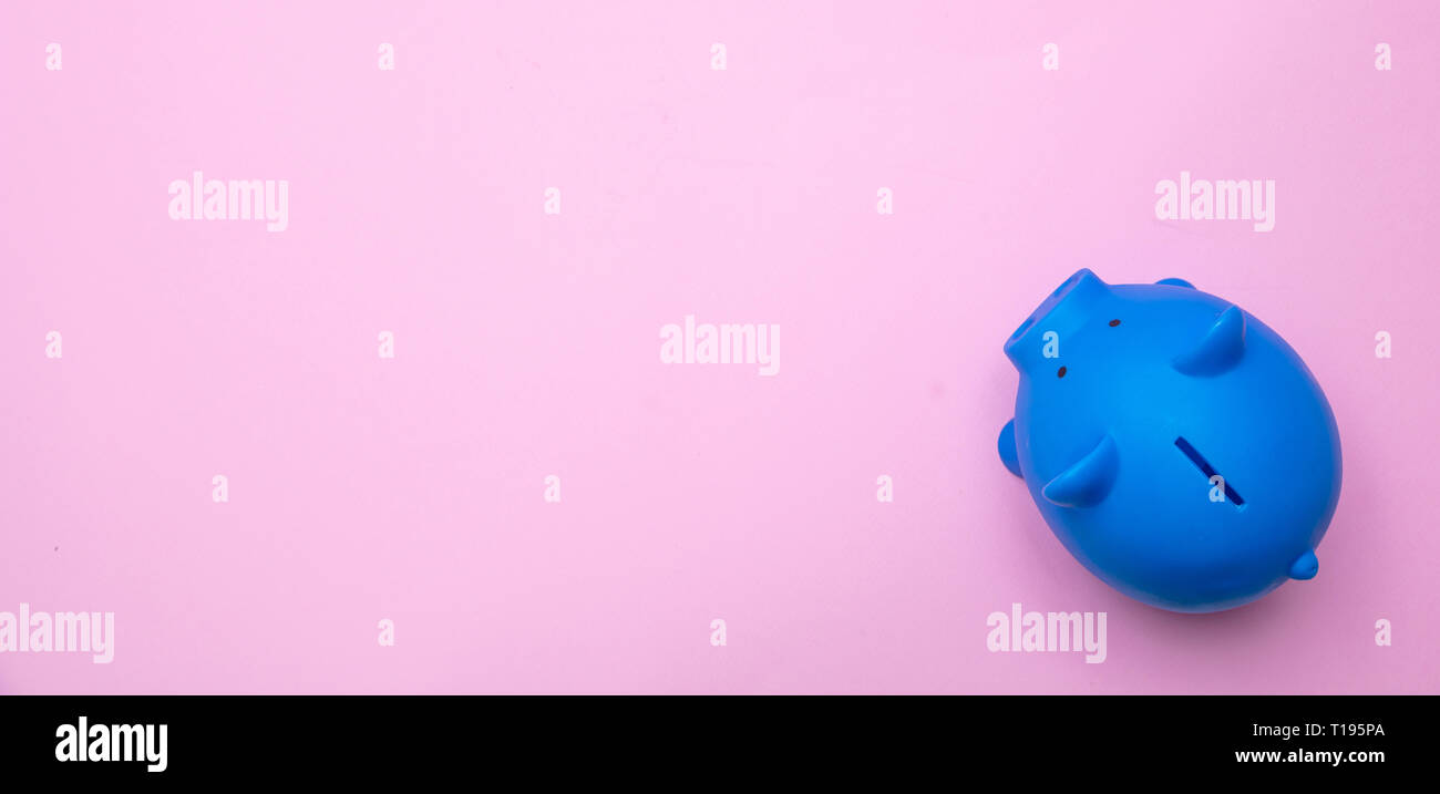 Il concetto di risparmio. Salvadanaio di colore blu pastello contro sfondo rosa, banner, copia spazio, vista dall'alto. Foto Stock