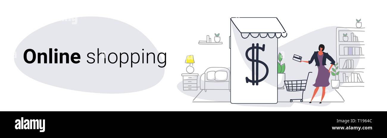 Donna che utilizza l'applicazione mobile shopping online concetto femmina azienda cliente carrello card lo schermo dello smartphone soggiorno moderno disegno interiore pieno Illustrazione Vettoriale