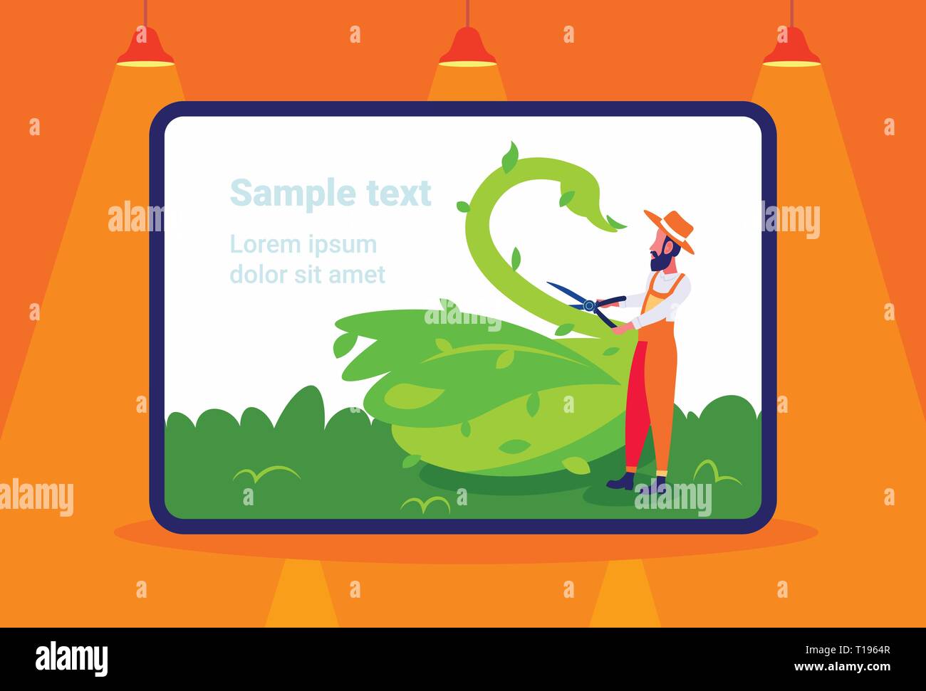 Barbuto giardiniere piante di trimming in forma di cigno grande scultura giardini topiaria da concetto animale creato da boccole giardino moderno piatto pieno orizzontale Illustrazione Vettoriale