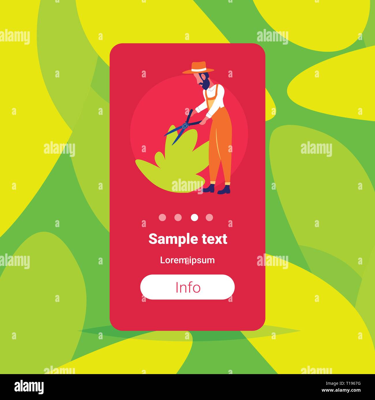 Barbuto giardiniere potatura bush uomo lavoratore professionale impianto di fresatura taglio steli sbiaditi rami con utensili da giardinaggio secateurs forbici spazio di copia Illustrazione Vettoriale