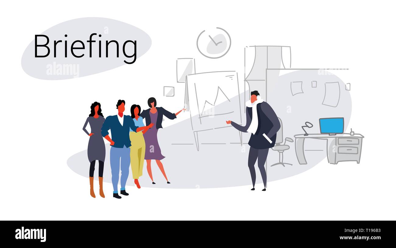Gruppo di imprenditori teamwork training conference meeting Lavagna presentazione concetto di briefing ufficio moderno interior disegno doodle a piena lunghezza Illustrazione Vettoriale