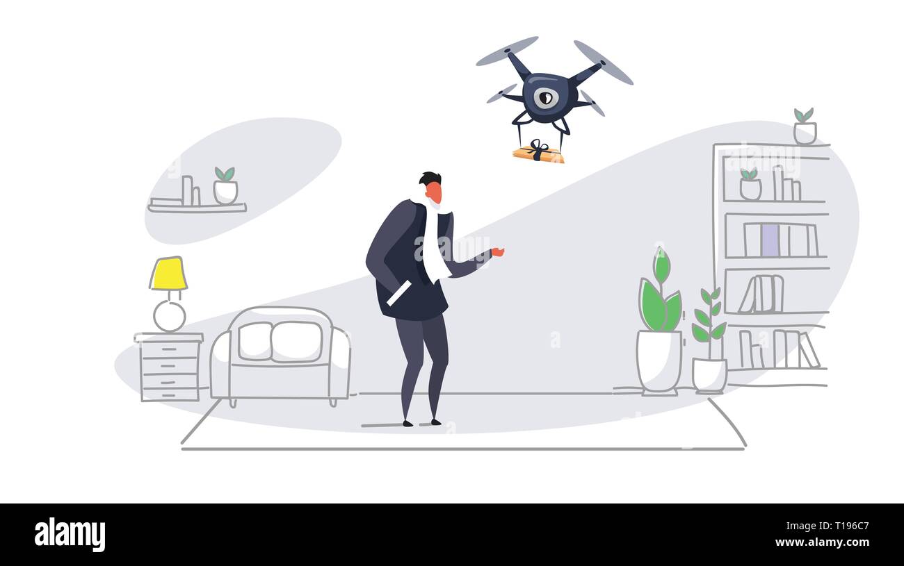 L uomo come ottenere i pacchi regalo da quadcopter express air mail delivery da fuco concetto moderno appartamento living room interior disegno doodle orizzontale Illustrazione Vettoriale