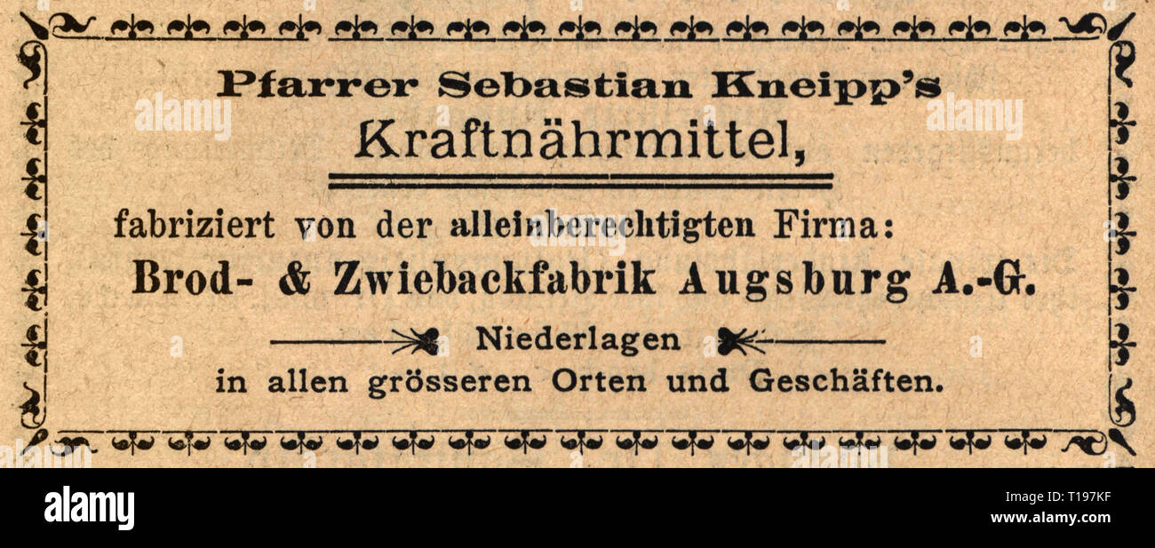 Pubblicità, cibo, stengthening cibo "Brod- & Zwiebackfabrik Augsburg AG", Augsburg, annuncio, da: 'Kneipp-Kalender 1892' (calendario Kneipp), editor: Sebastian Kneipp, secondo volume, 6a edizione, Kempten, 1892, Additional-Rights-Clearance-Info-Not-Available Foto Stock