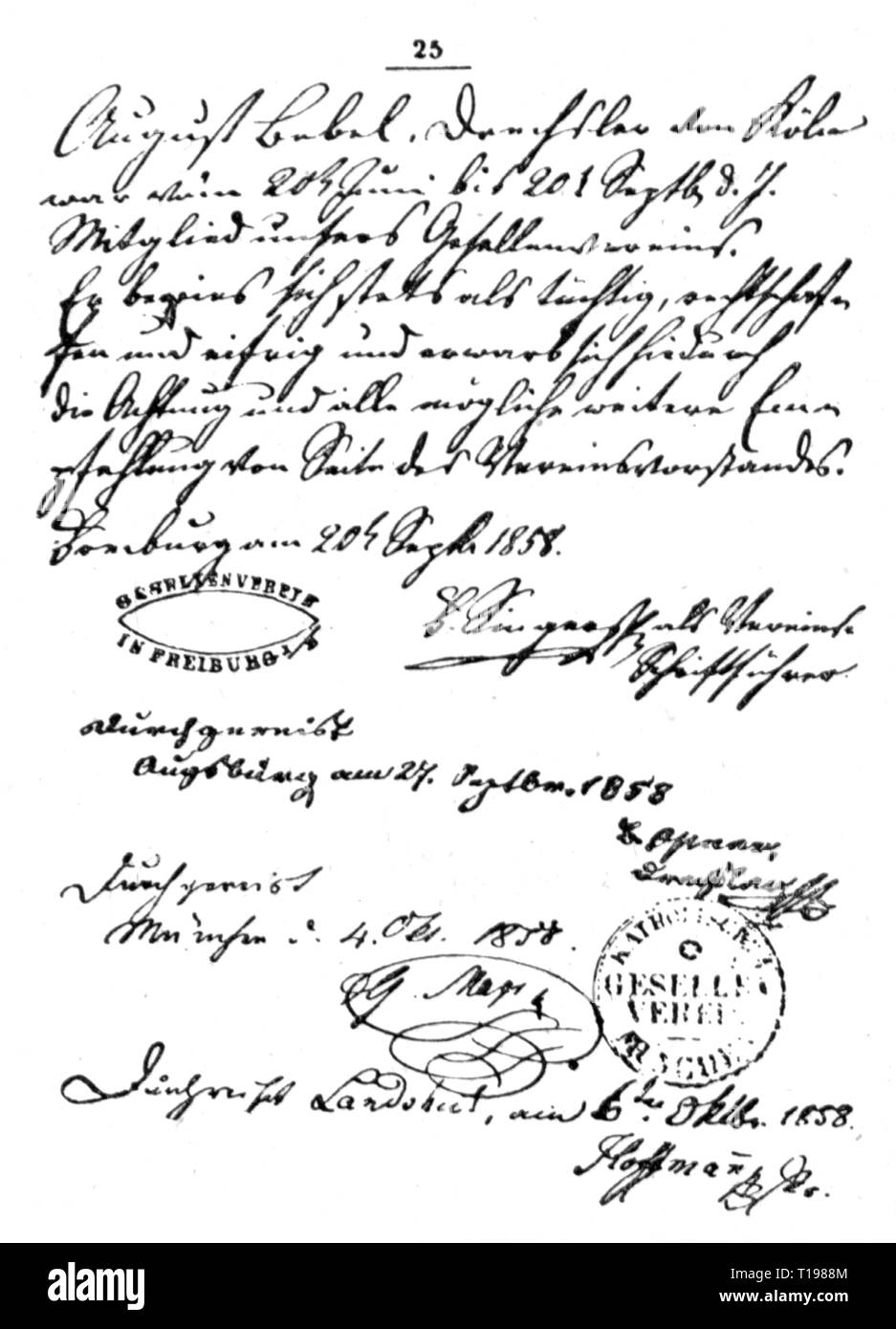 Artigianato, artigiano anni, tour prenota del Turner August Bebel, cattolico journeymen's Association, Freiburg im Breisgau, 20.6.1858, voci sulla pagina 25, , artista del diritto d'autore non deve essere cancellata Foto Stock