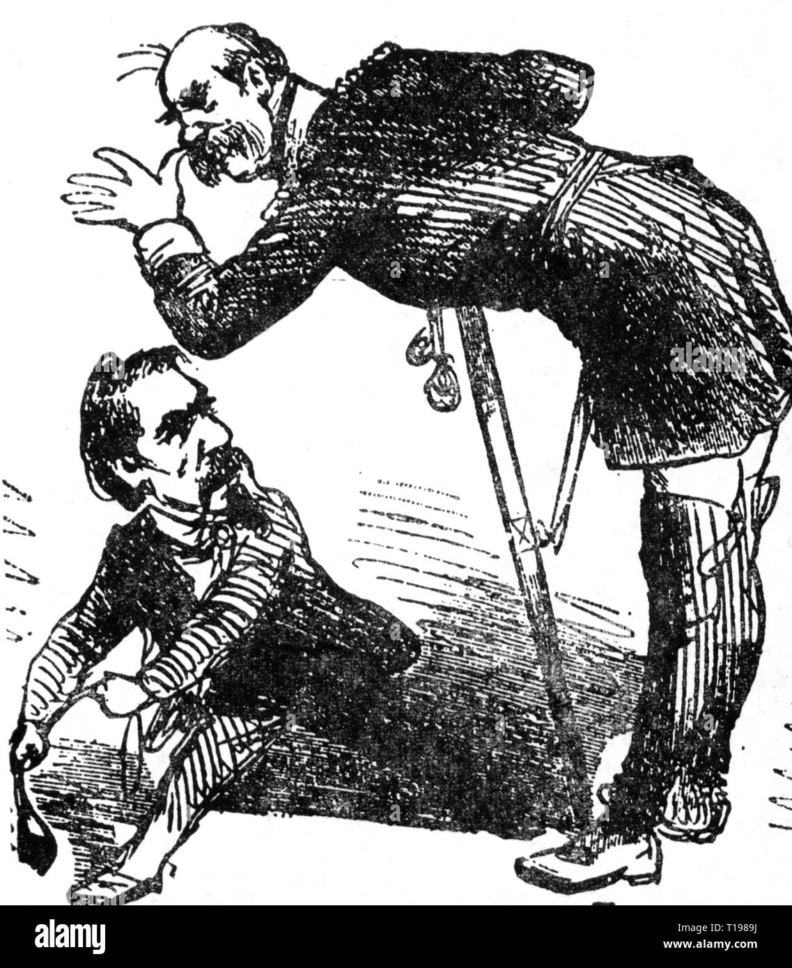 La politica, la caricatura, 'David e Golia", membro del Reichstag tedesco August Bebel e Cancelliere dell'impero tedesco Otto von Bismarck, disegno, "Berliner Wespen', Berlino, 1871, Additional-Rights-Clearance-Info-Not-Available Foto Stock