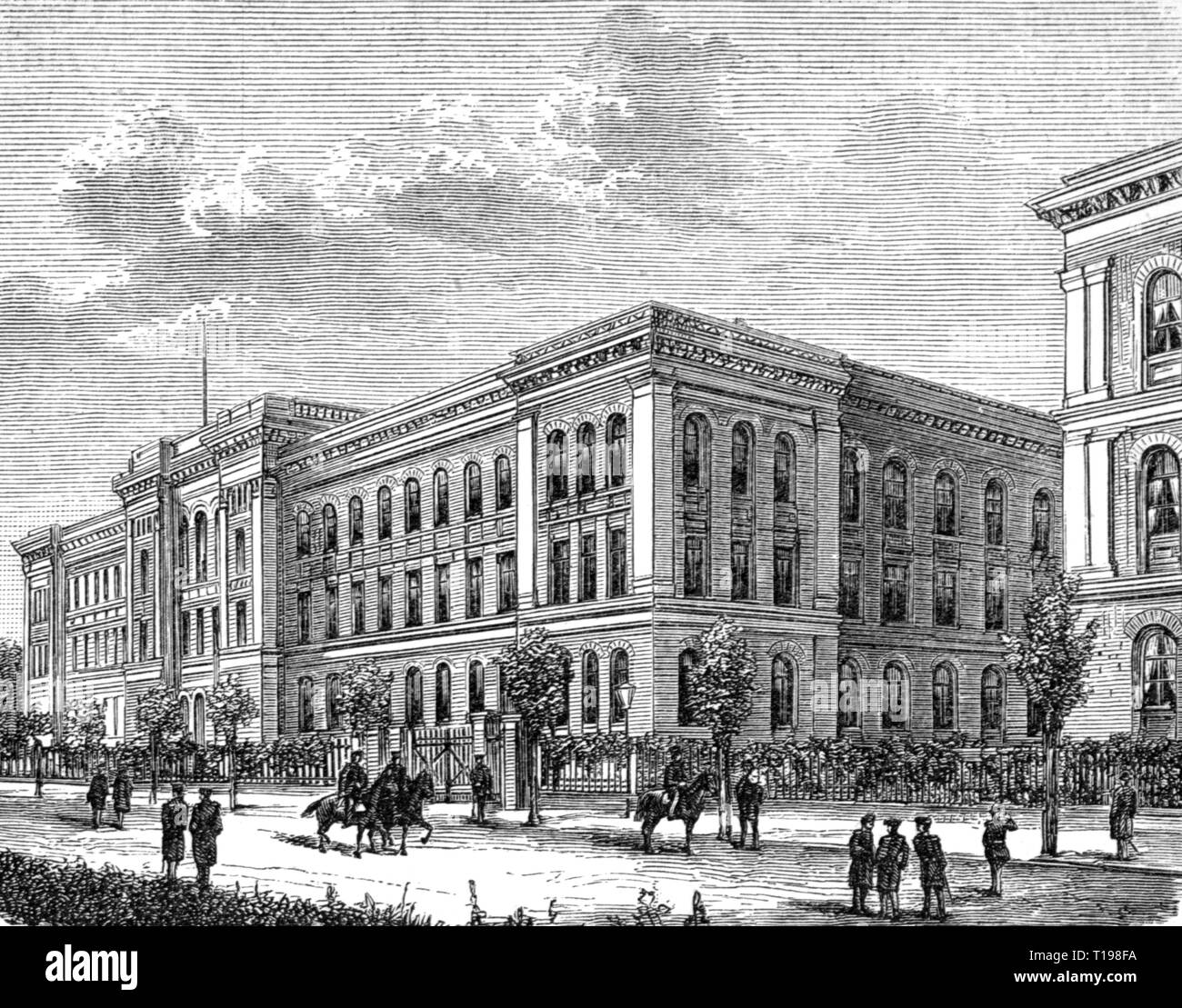 Geografia / viaggi storico, Germania, città e comunità, Berlino, Edificio, Regno artiglieria- e scuola di ingegneria, Unter den Linden, Charlottenburg, costruito 1823, vista esterna, incisione su legno, seconda metà del XIX secolo, Additional-Rights-Clearance-Info-Not-Available Foto Stock