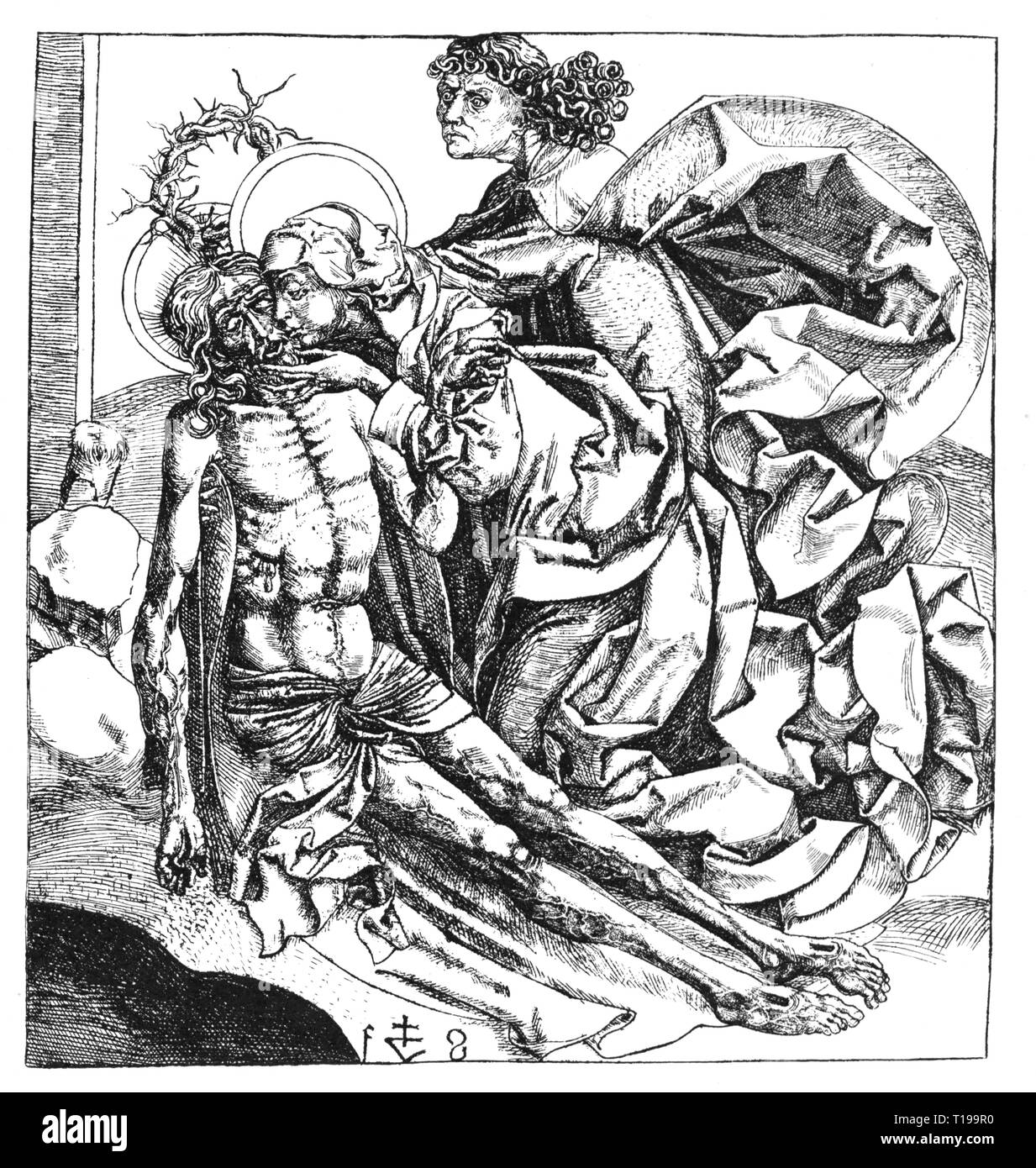 La religione, il cristianesimo, Gesù Cristo, inumazione, "Pieta', incisione su rame, da Veit Stoss (circa 1447 - 1533), 1490, 13,8 x 12,8 cm, Royal Collezione di Grafica, Monaco di Baviera, artista del diritto d'autore non deve essere cancellata Foto Stock