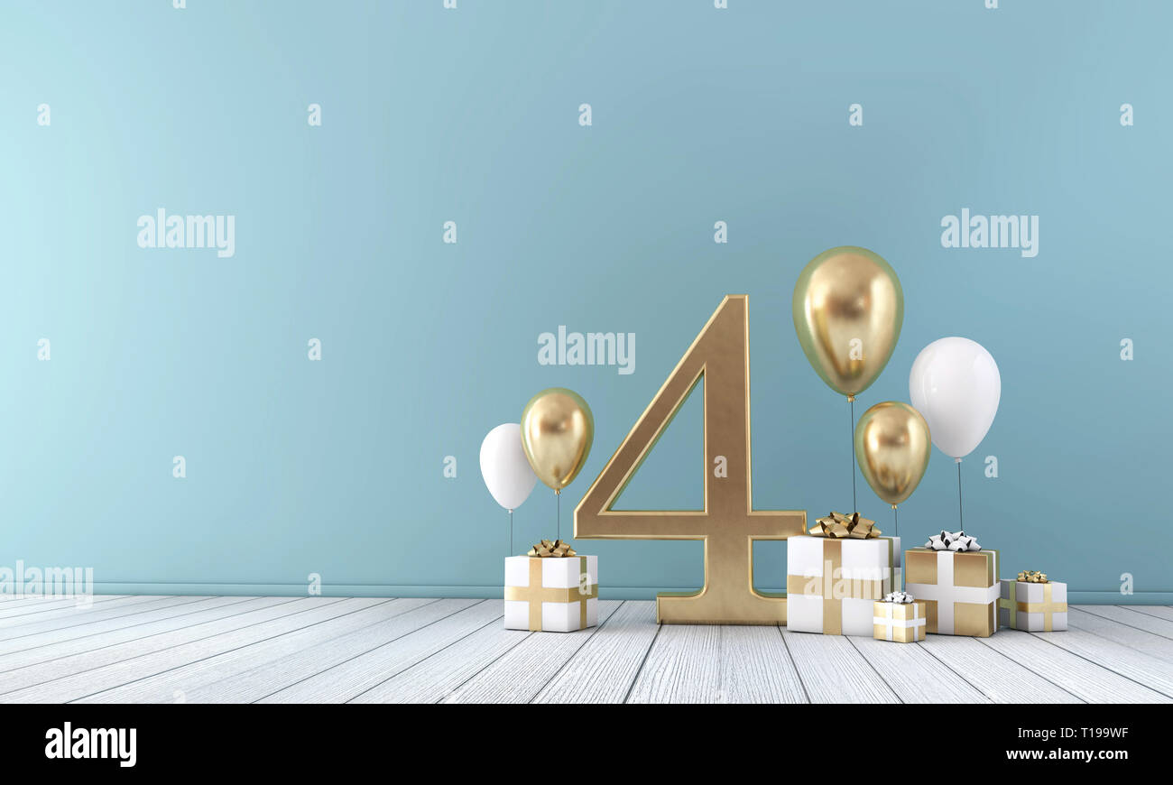 Numero 4 parte celebrazione camera con oro e palloncini bianchi e confezioni regalo. Foto Stock
