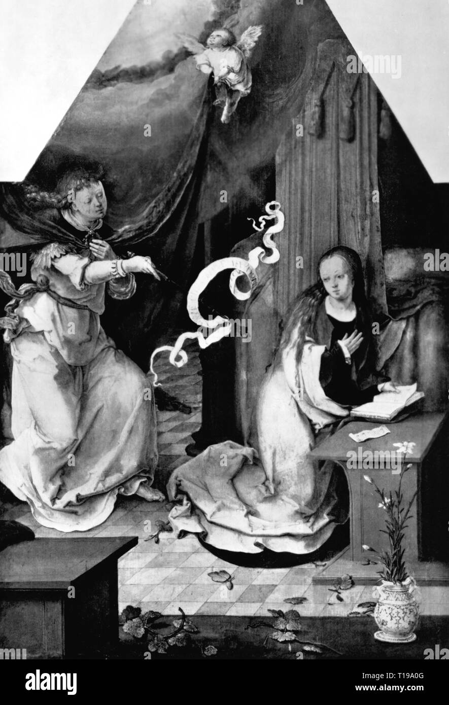 La religione, il cristianesimo, l'Annunciazione, "l'Annunciazione", pittura, da Lucas van Leyden (1494 - 1533), il primo terzo del secolo XVI, olio su pannello, 42 x 29 cm, old pinacotheca, Monaco di Baviera, artista del diritto d'autore non deve essere cancellata Foto Stock
