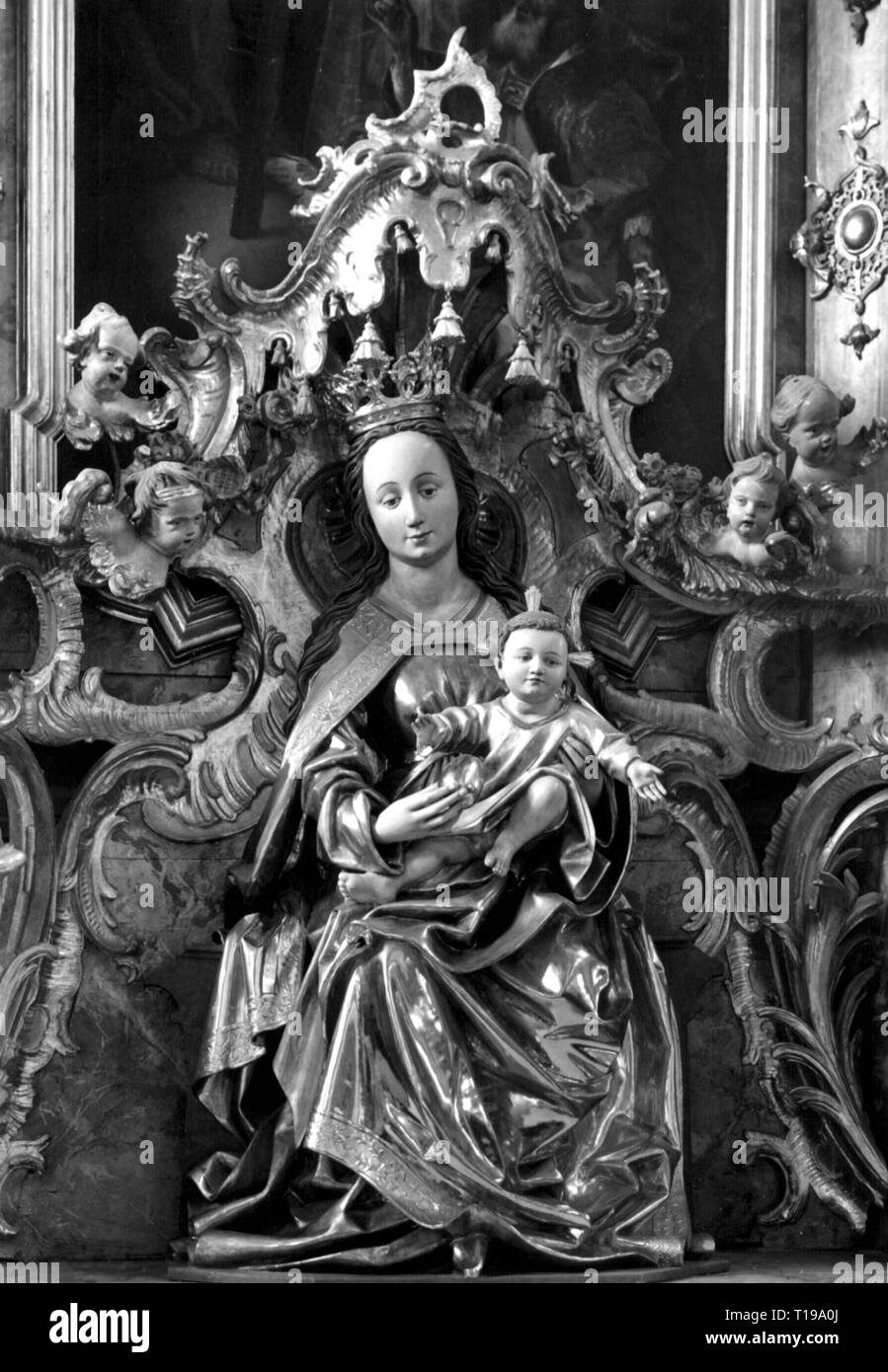 La religione, il cristianesimo, Madonna / Maria con Bambino, immagine miracolosa della Vergine Maria, Madonna con Bambino, scultura, da Erasmus Grasser (circa 1450 - 1518), 1493, legno verniciato, chiesa parrocchiale, Rottenbuch, Additional-Rights-Clearance-Info-Not-Available Foto Stock