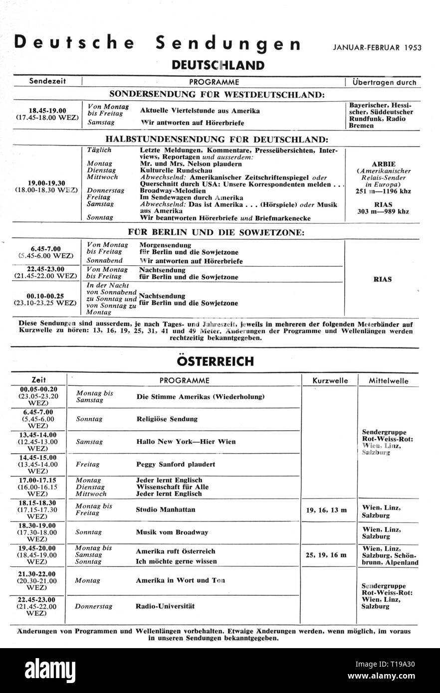 Broadcast, radio, stazione radio, voce dell'America, locandina in lingua tedesca, broadcast tedesco in Germania e in Austria, Gennaio / Febbraio 1953 Additional-Rights-Clearance-Info-Not-Available Foto Stock