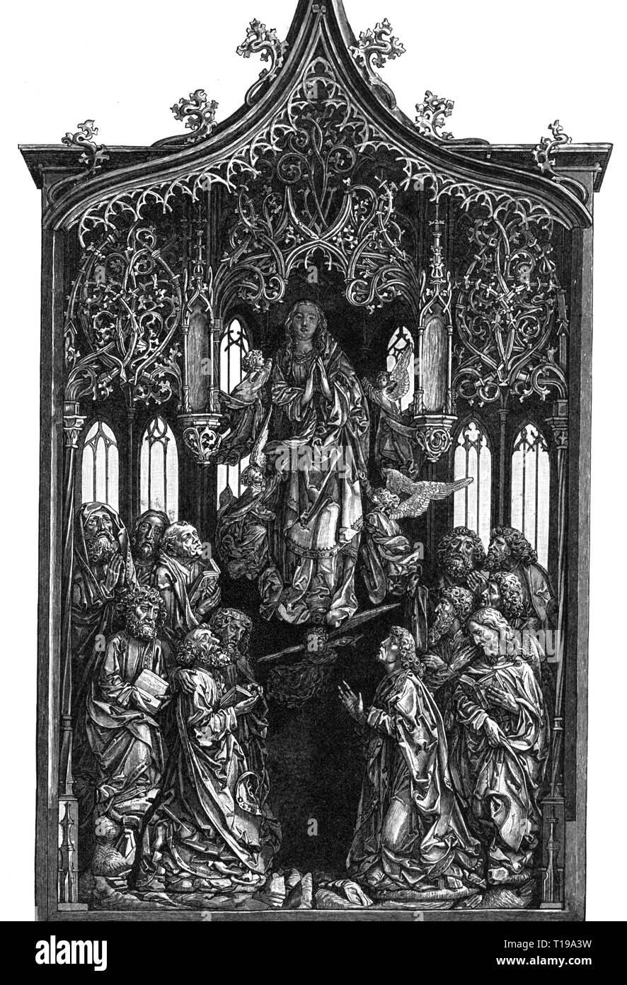 La religione, il cristianesimo, Madonna / Maria con Bambino, Assunzione di Maria, rilievo, da Tilman Riemenschneider (1460 - 1531), 1505 - 1510, tiglio, Lady Altare, Chiesa di Nostro Signore, Creglingen, incisione su legno, xx secolo, artista del diritto d'autore non deve essere cancellata Foto Stock