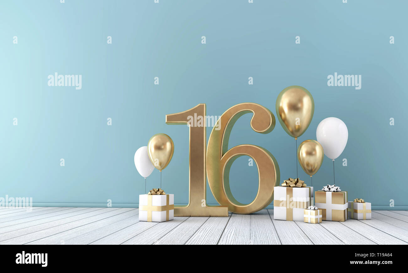 Numero 16 celebrazione di partito camera con oro e palloncini bianchi e confezioni regalo. Foto Stock Numero 16 celebrazione di partito camera con oro e palloncini bianchi e confezioni regalo. Foto Stock
