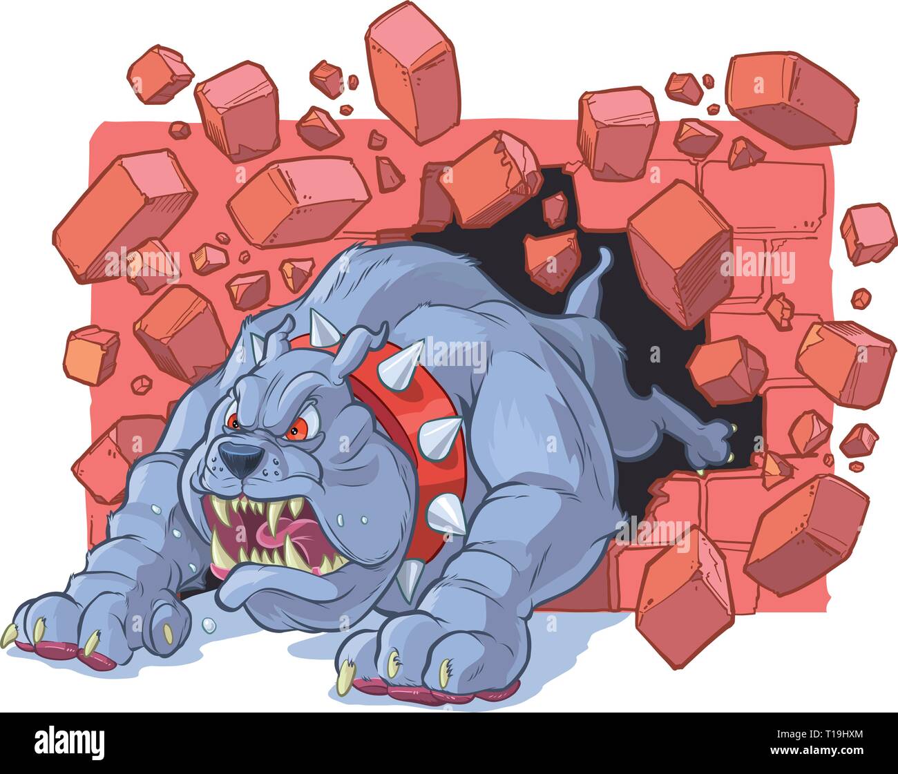Vector cartoon clip art illustrazione di un grande collera dura bulldog mascot con un collare spinato schiantarsi attraverso un muro di mattoni. Illustrazione Vettoriale