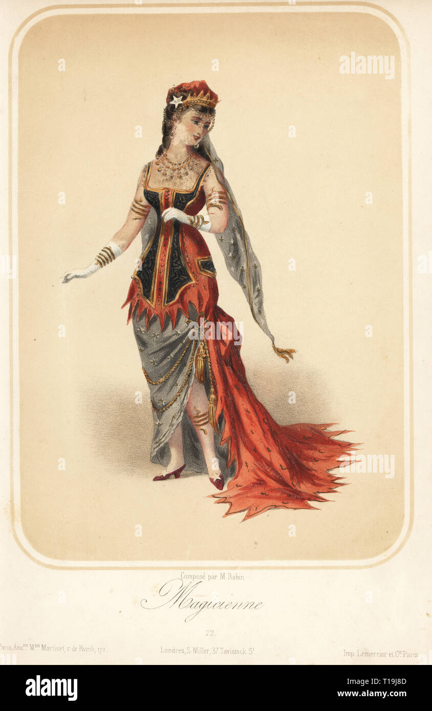 Donna in costume come un mago (magicienne) per un ballo in maschera, fine del XIX secolo, Parigi. Progettato da M. Robin. Litografia Handcolored pubblicato da Martinet, Parigi, 1880. Foto Stock