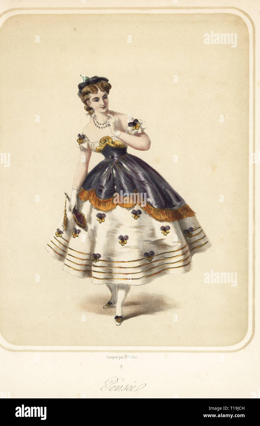 Donna in costume come pansy (pensee) per un ballo in maschera. Costume progettato da M. Robin. Litografia Handcolored da pubblicato da Martinet, Parigi, 1880. Foto Stock