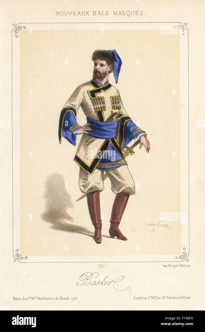 Uomo in costume come Bashkir (Baskir) per un ballo in maschera. Litografia Handcolored da Chatiniere pubblicato da Martinet, Parigi, 1880. Foto Stock