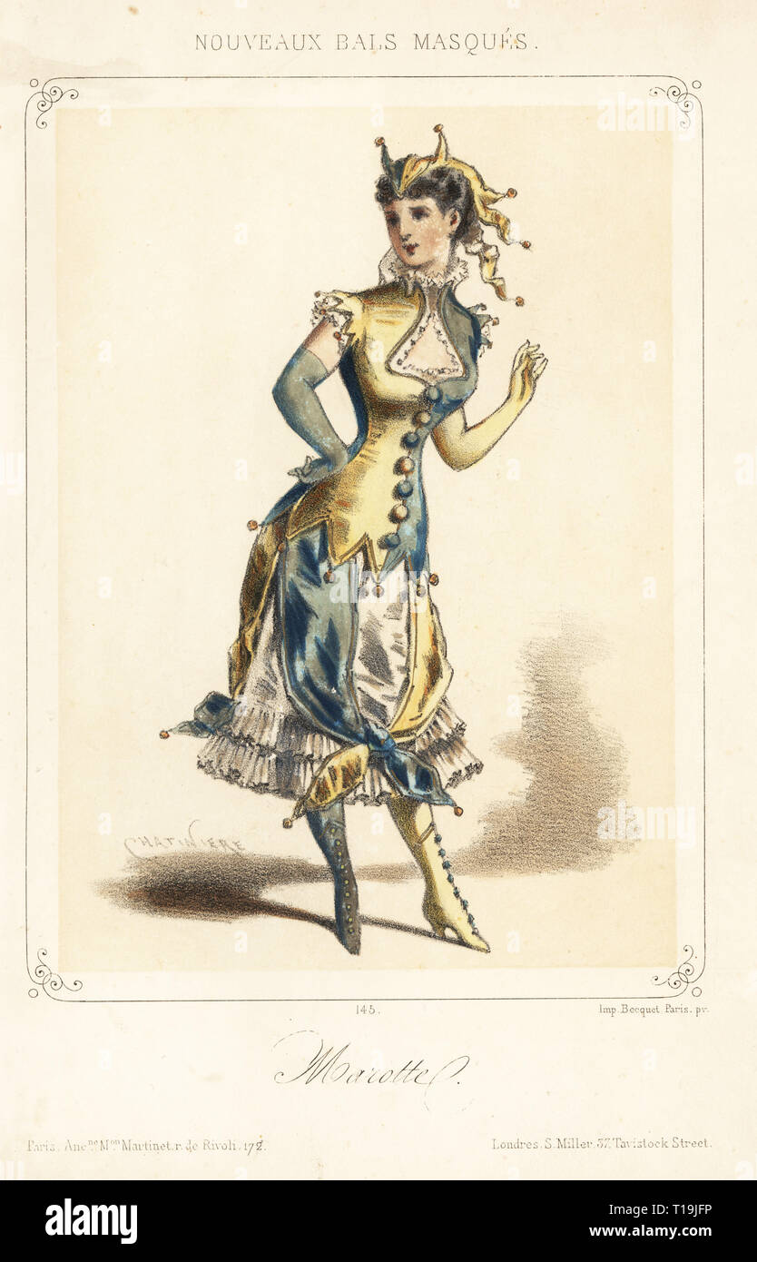 Donna in costume come Marotte (Jester's stick) per un ballo in maschera. Litografia Handcolored da Chatiniere pubblicato da Martinet, Parigi, 1880. Foto Stock