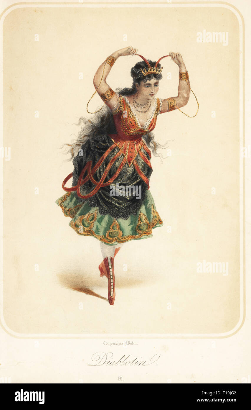 Donna in costume vestito come un PIM (Diablotin) per un ballo in maschera. Costume progettato da M. Robin. Litografia Handcolored pubblicato a Parigi, 1880. Foto Stock