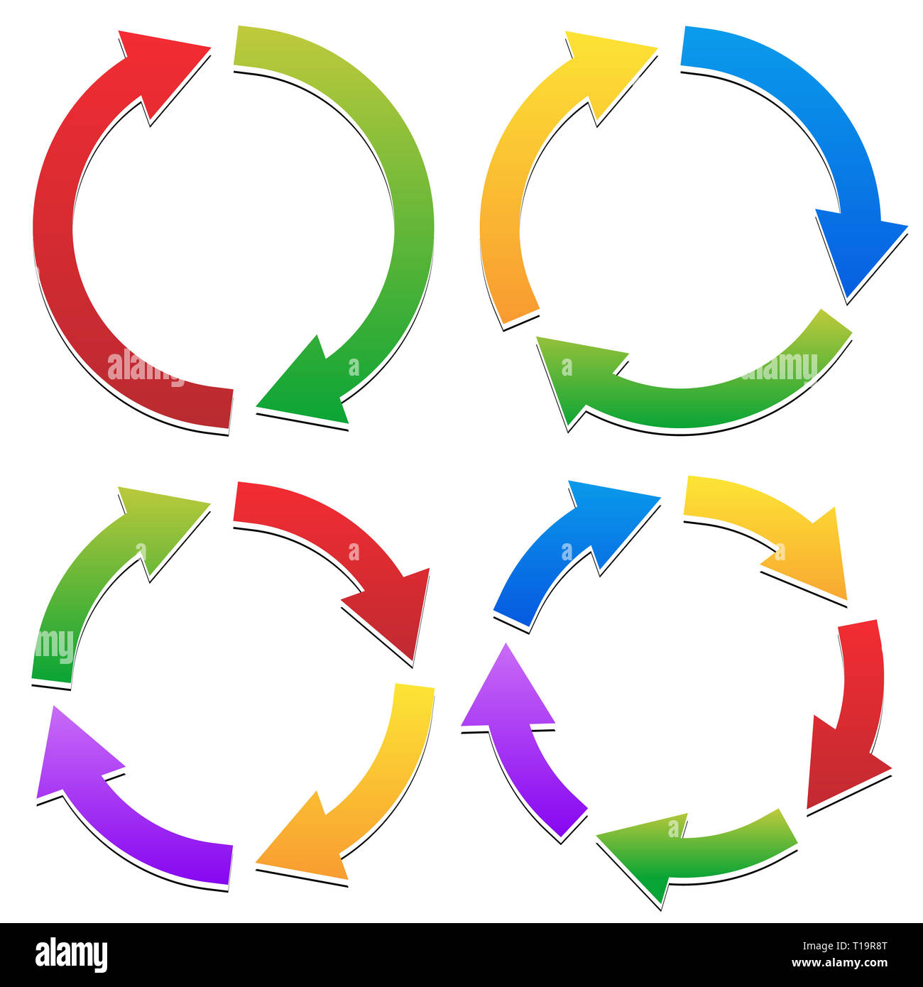 Colorate frecce circolare Set con 2, 3, 4, 5 segmenti. Frecce a seguito di un percorso di cerchio. Foto Stock