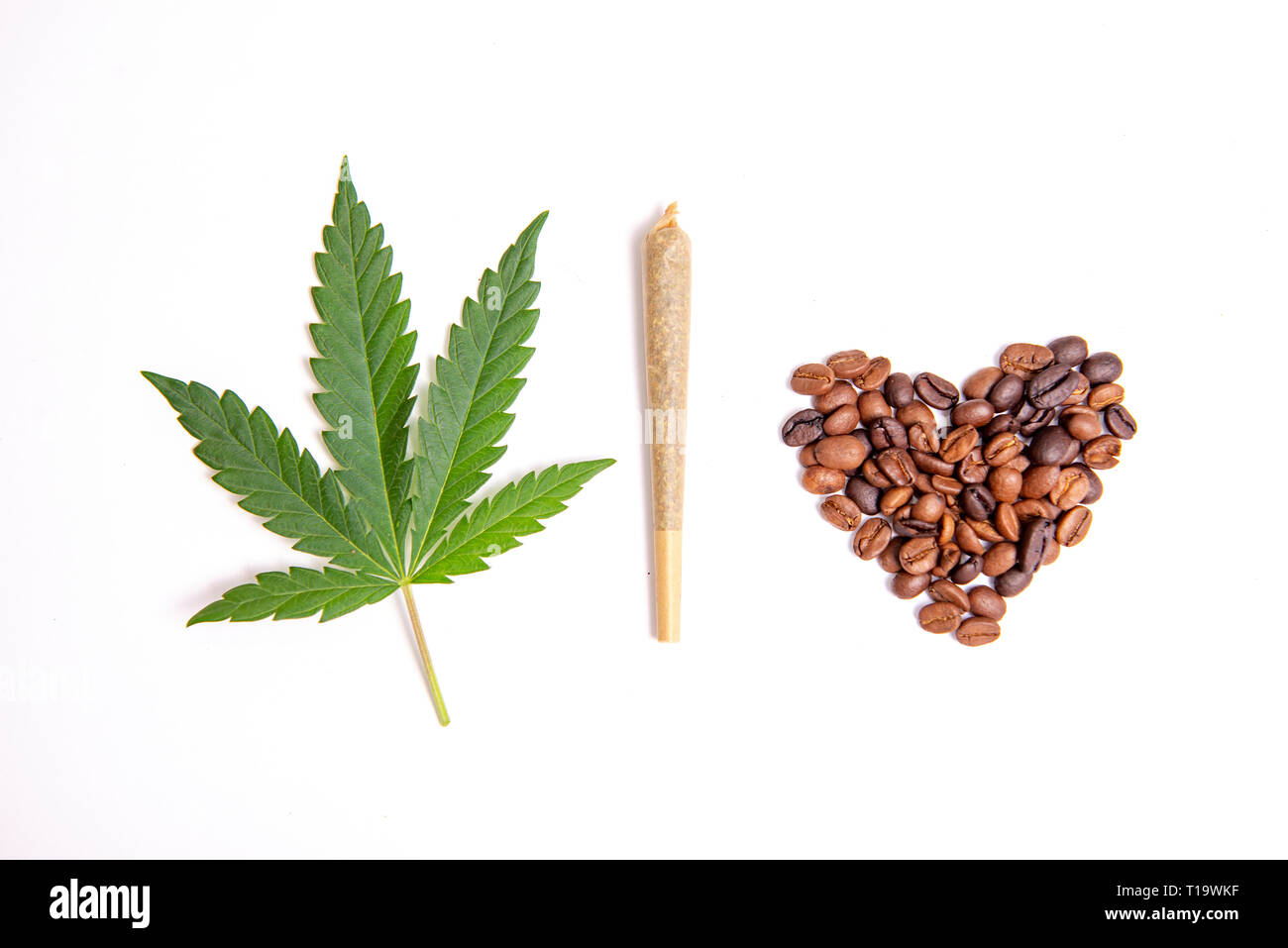 Dettaglio della cannabis giunto, i chicchi di caffè e foglie di marijuana su sfondo bianco Foto Stock