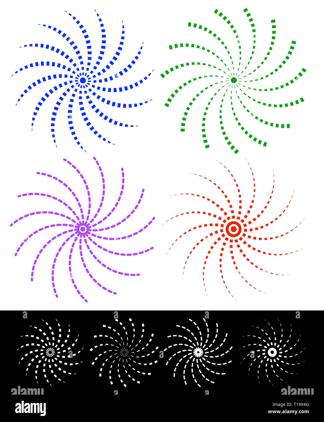 Varie colorato astratto degli elementi a spirale con linee tratteggiate. Vettore. Foto Stock