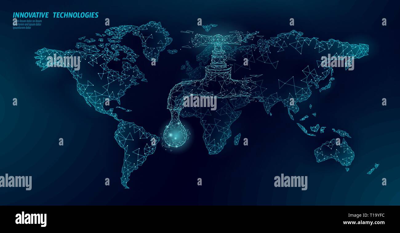Risparmiare acqua bassa globale poli concetto. Triangolo poligonale ecologia pianeta Terra mappa del mondo oceano mare banner di sicurezza. Goccia di acqua perdita fissare natura globale Illustrazione Vettoriale