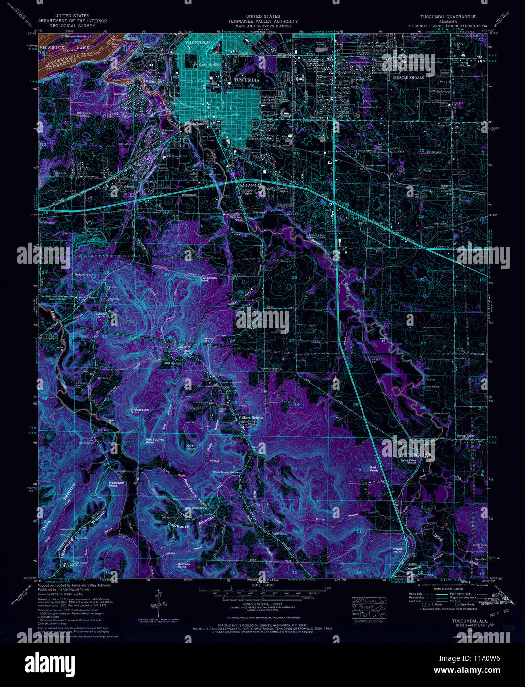 USGS TOPO Map Alabama AL Tuscumbia 305255 1971 24000 invertiti Foto Stock