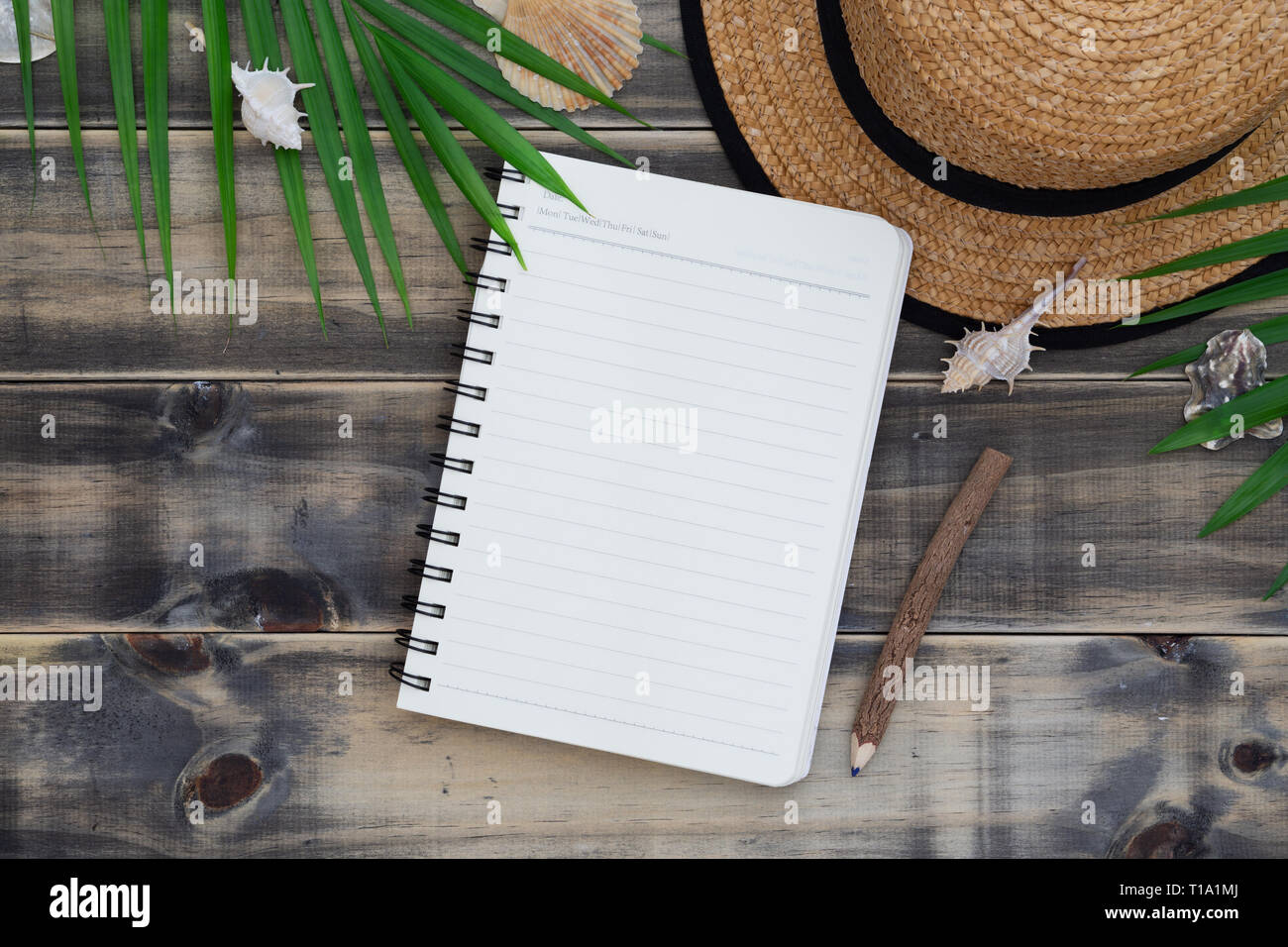 Lay piatto con spiaggia hat, mare, conchiglie, foglie di palma e notebook in bianco e matita. Vacanze spiaggia tropicale travel vacation concetto. Vista da sopra con copia spa Foto Stock