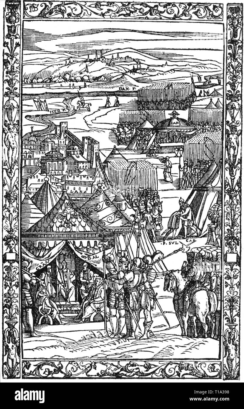 Militari, lanzichenecchi, esercito imperiale durante l assedio di una città italiana, incisione su rame, da: Antonio Francesco Oliviero, 'La Alamanna', stampa: Vincenzo Valgrisi, Venezia, 1567, artista del diritto d'autore non deve essere cancellata Foto Stock