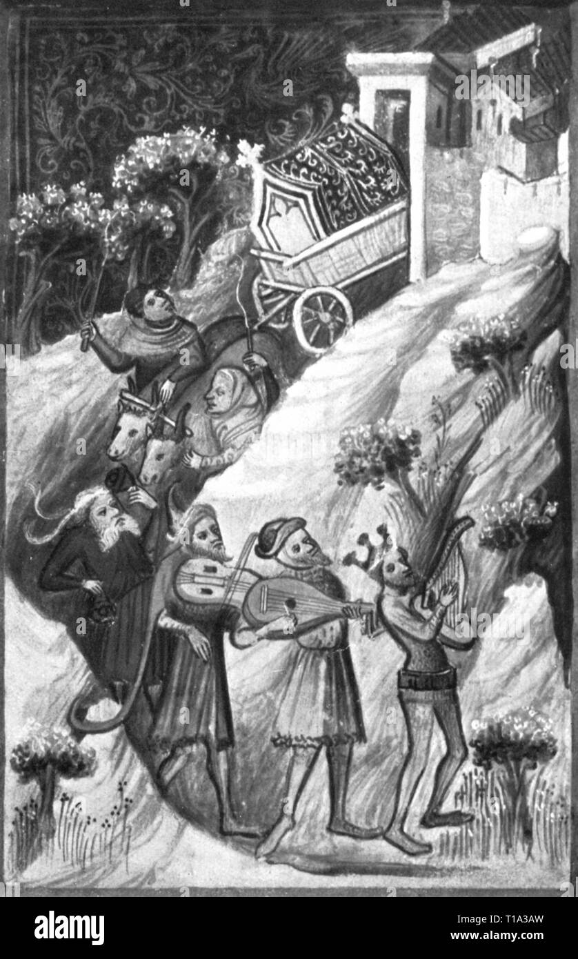 La religione, figura biblica, il re Davide che danzava davanti all'arca dell alleanza, miniatura, Venceslao la Bibbia, Praga, 1390 - 1400, Biblioteca di Stato di Monaco di Baviera Additional-Rights-Clearance-Info-Not-Available Foto Stock