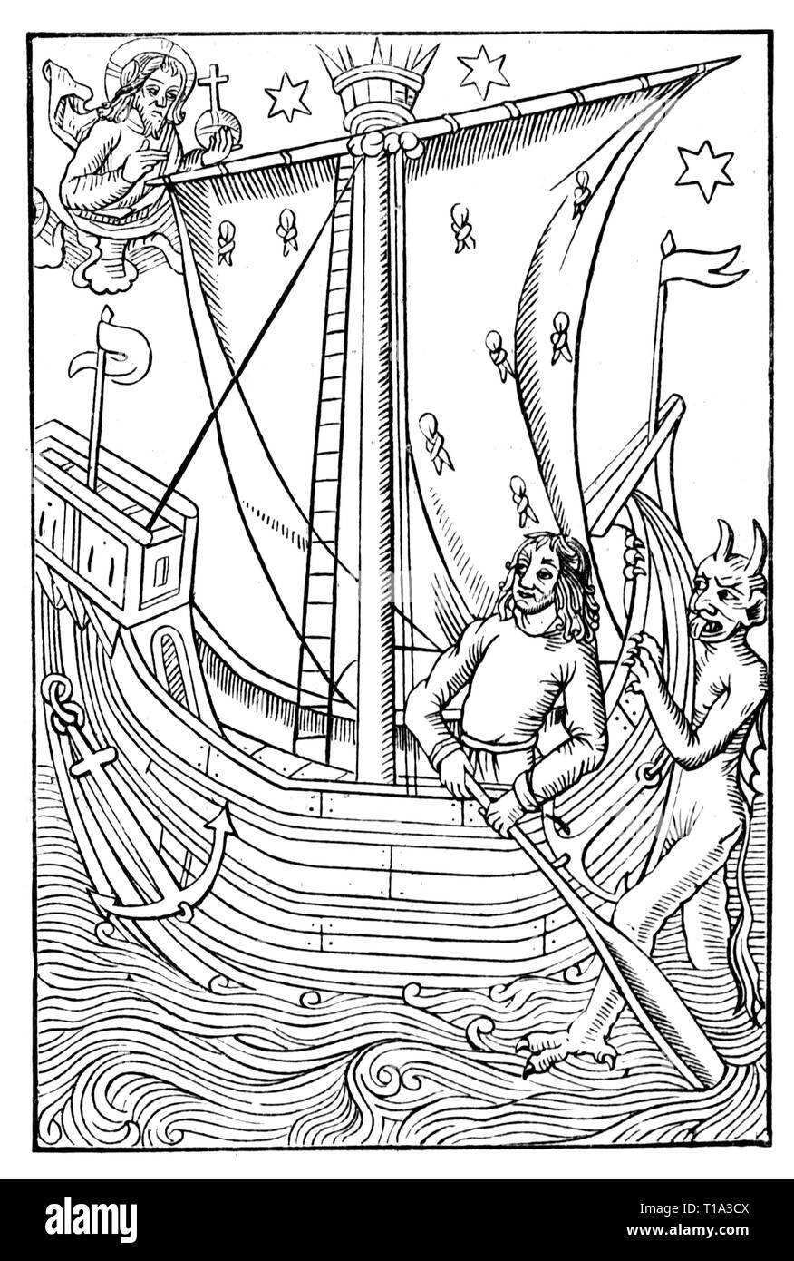 La religione, il cristianesimo, allegoria, Dio e Satana che vying per l anima di un uomo, xilografia, da: 'Le concessione kalendrier et compost des Bergiers', stampa: Nicolas le Rouge, Troyes, 1496, Additional-Rights-Clearance-Info-Not-Available Foto Stock